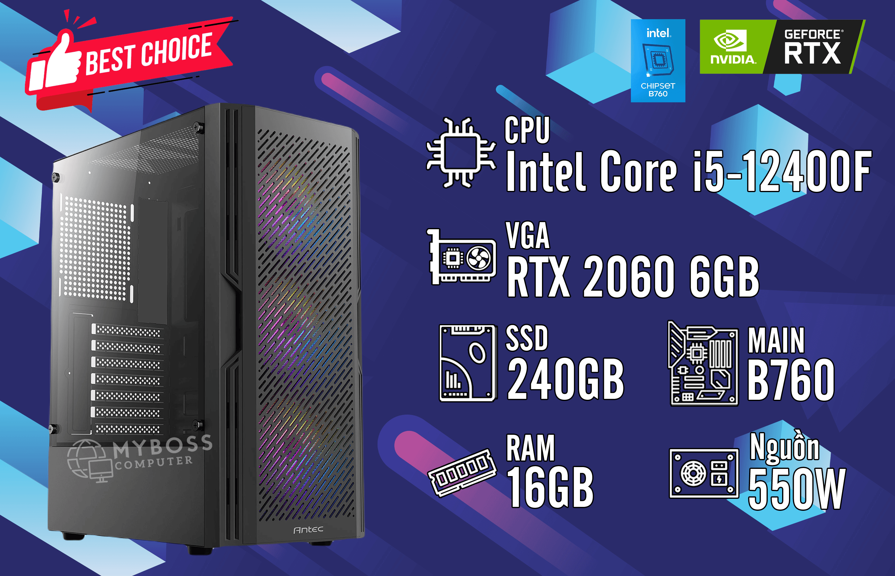 Bộ PC I5-12400F/ RAM 16GB/ SSD 240GB/ VGA RTX 2060 6GB