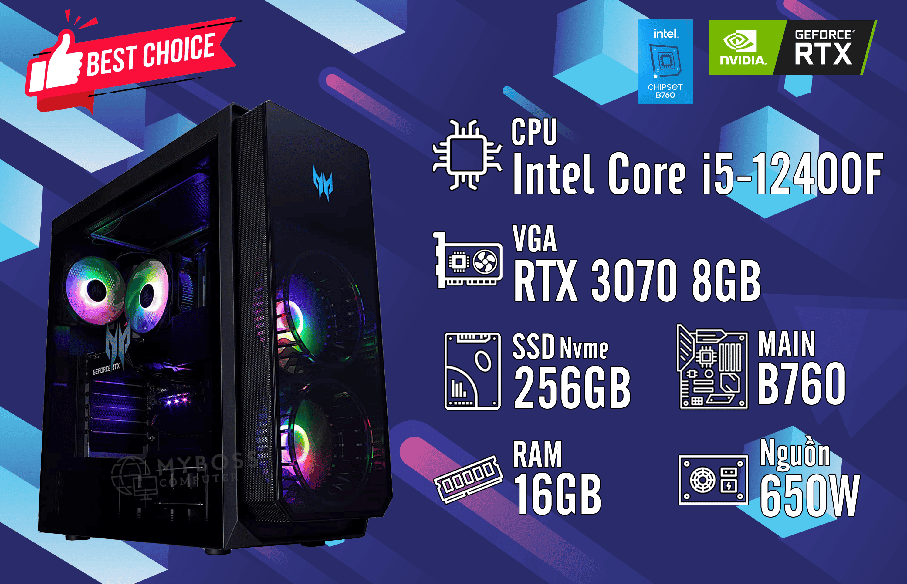 Bộ PC I5-12400F/ Ram 16G/ SSD Nvme 256G/ VGA RTX 3070 8G