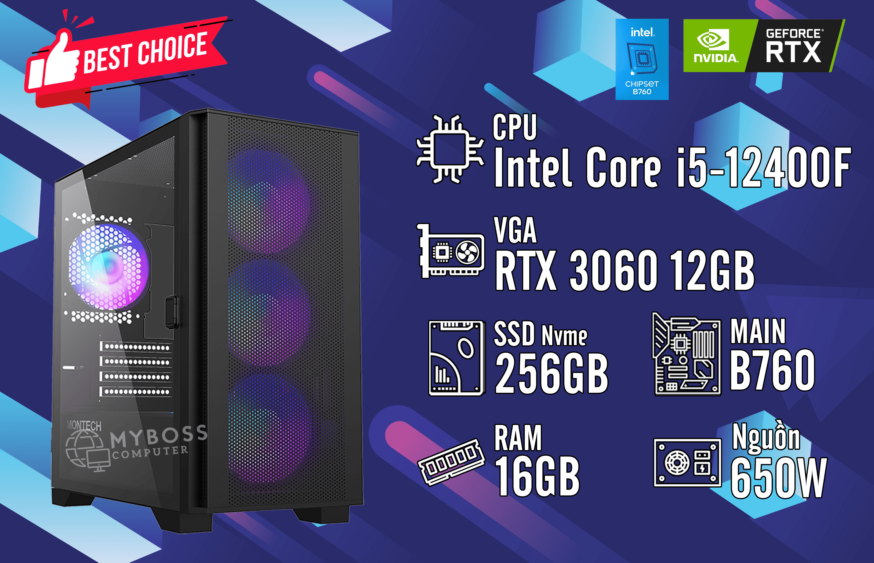 Bộ PC I5-12400F/ Ram 16G/ SSD Nvme 256G/ VGA RTX 3060 12G