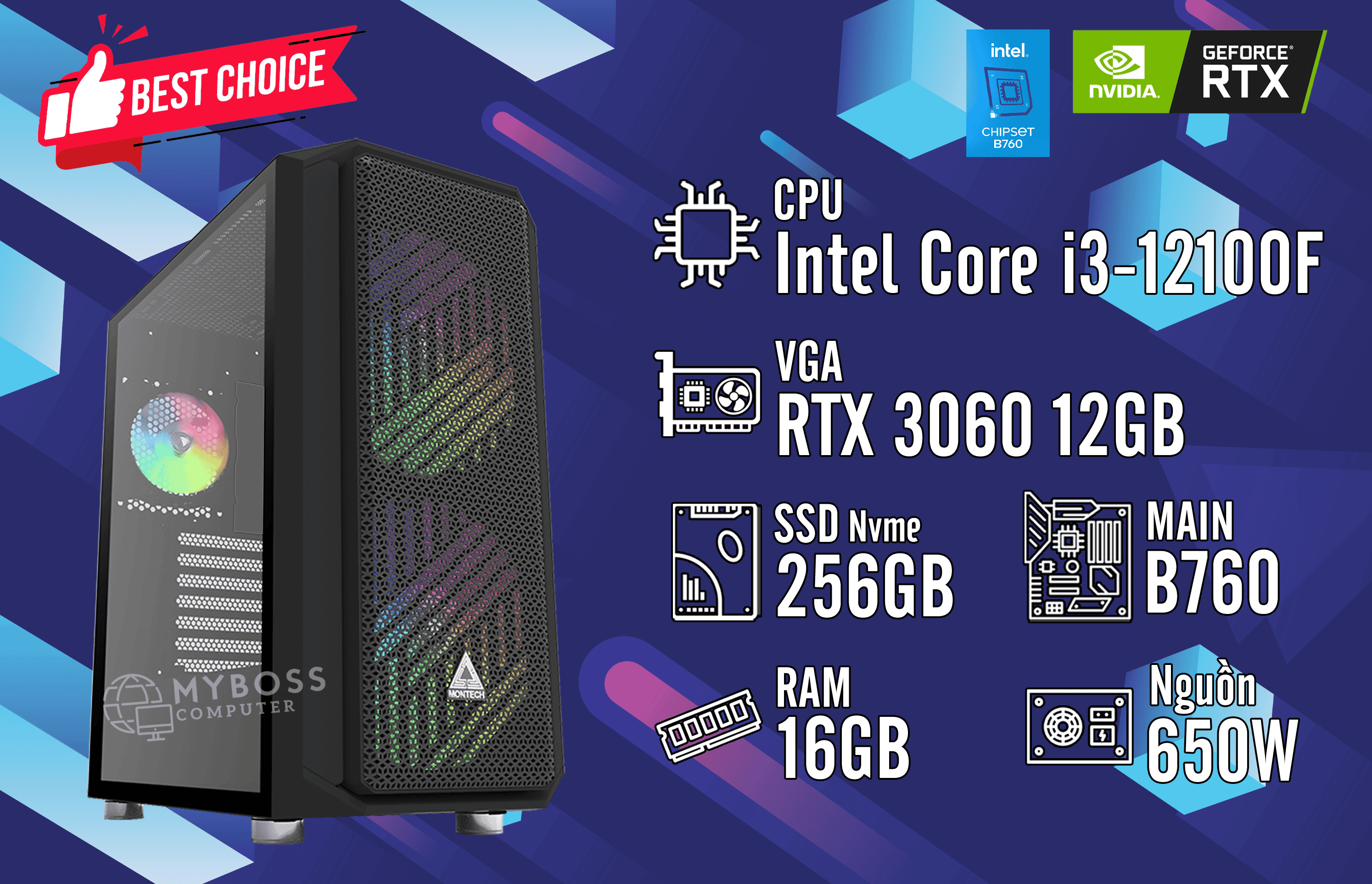 Bộ PC I3-12100F/ Ram 16G/ SSD Nvme 256G/ VGA RTX 3060 12G