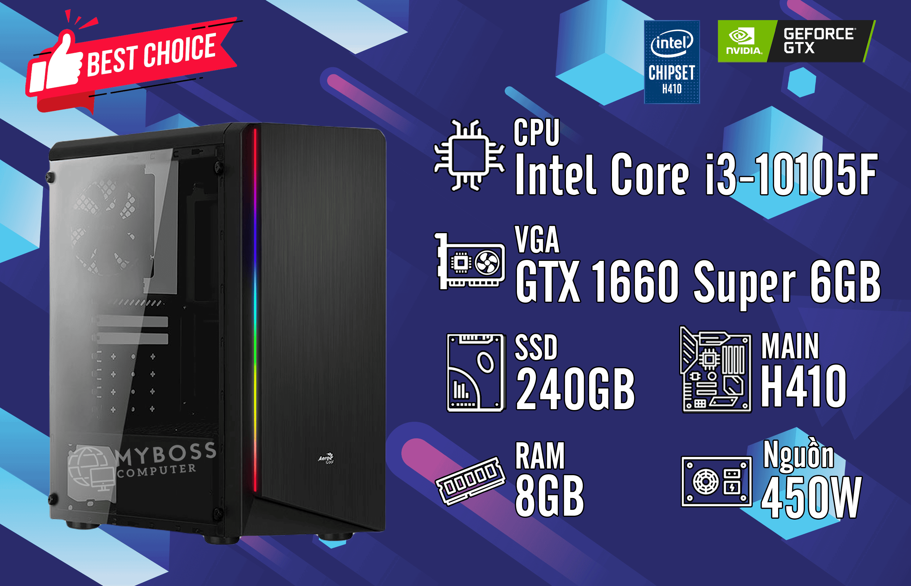 Bộ PC I3-10105F/ RAM 8G/ SSD 240G/ VGA GTX 1660 Super 6G