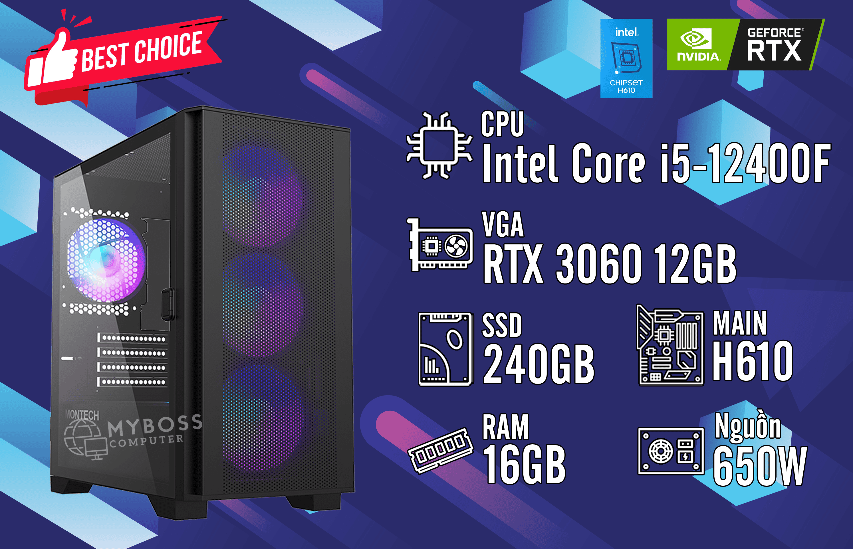 Bộ PC GAMING I5-12400F/ RAM 16GB/ SSD 240GB/ VGA RTX 3060 12G