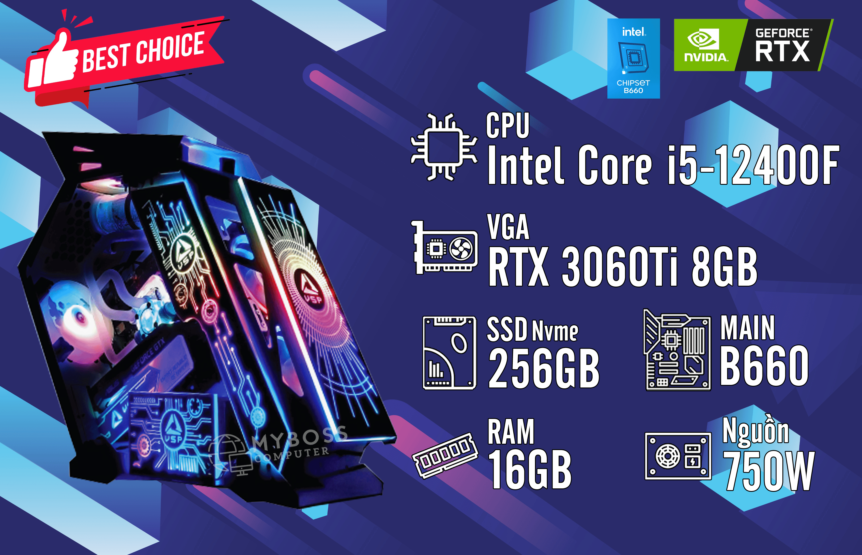 Bộ PC GAMING I5-12400F/ RAM 16GB/ SSD Nvme 256GB/ VGA RTX 3060Ti 8GB