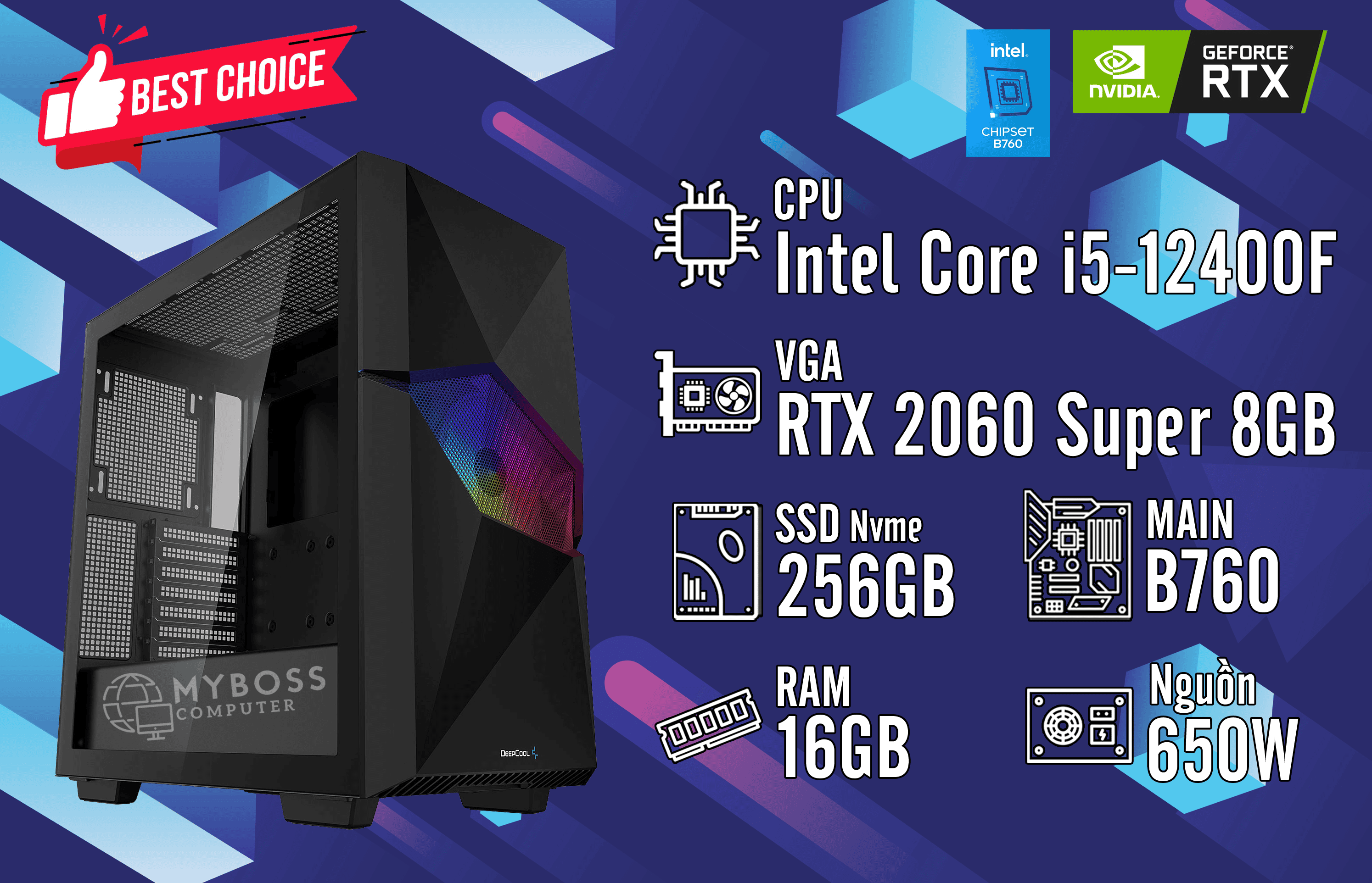 Bộ PC I5-12400F/ Ram 16G/ SSD Nvme 256G/ VGA RTX 2060 Super 8G