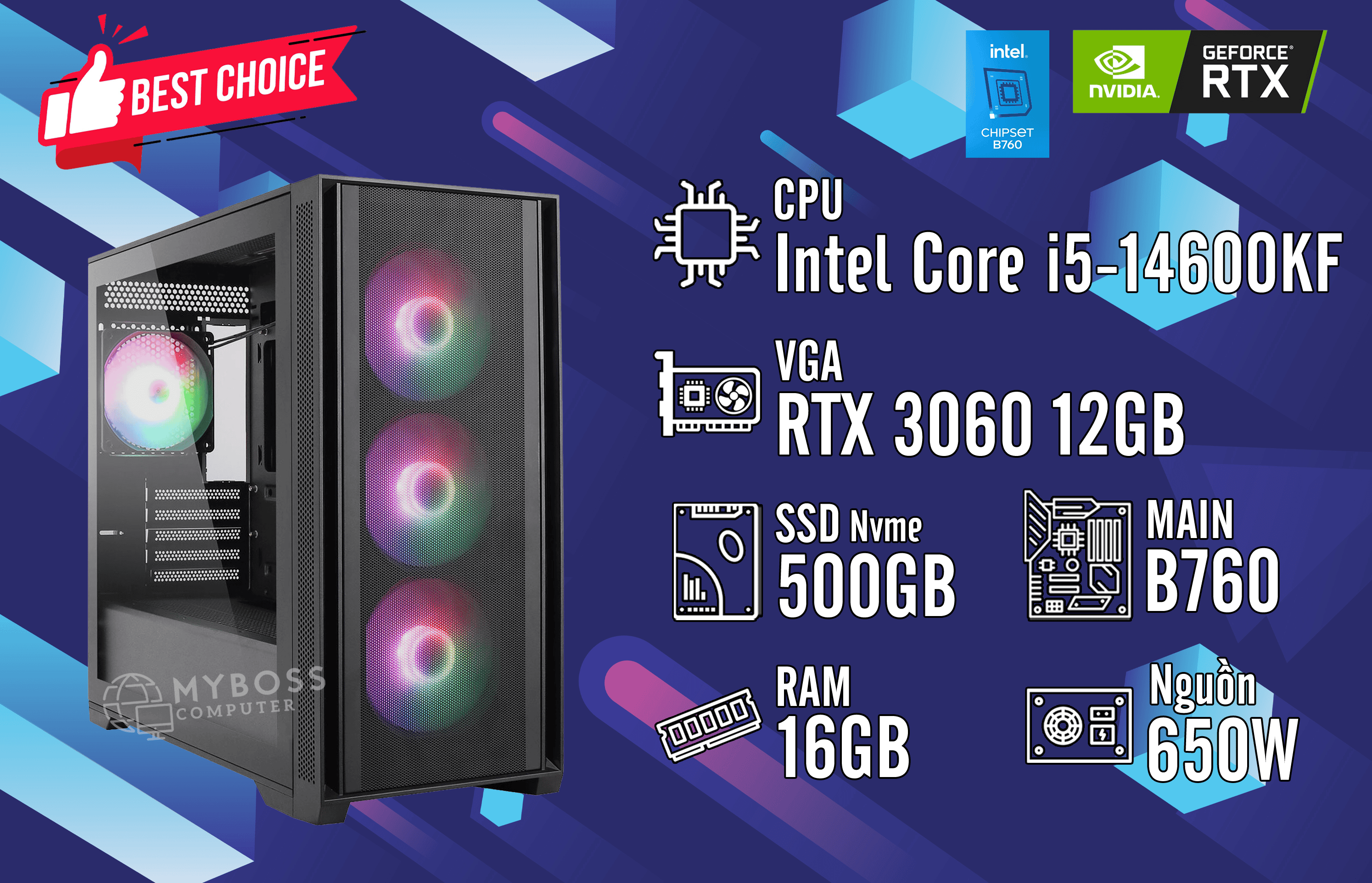 Bộ PC GAMING I5-14600KF/ RAM 16GB/ SSD Nvme 500GB/ VGA RTX 3060 12G