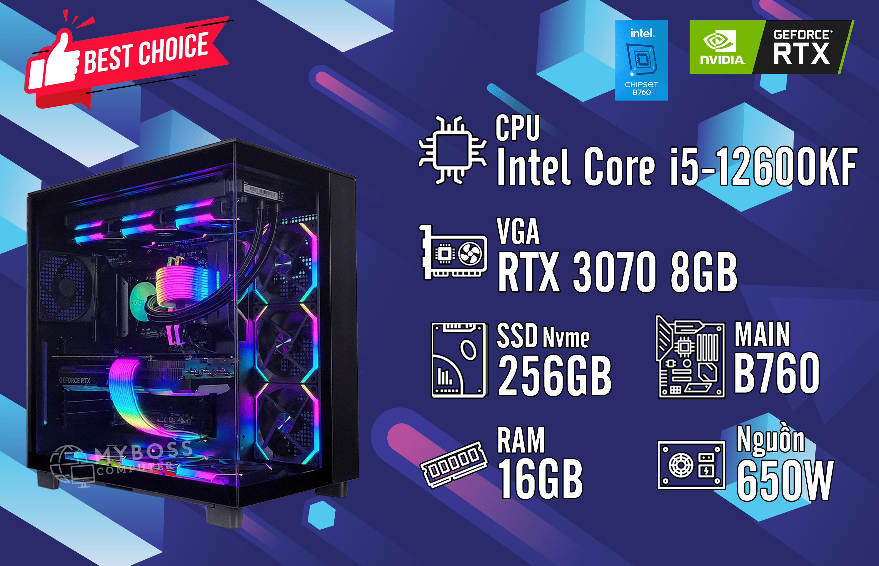 Bộ PC I5-12600KF/ Ram 16G/ SSD Nvme 256G/ VGA RTX 3070 8G