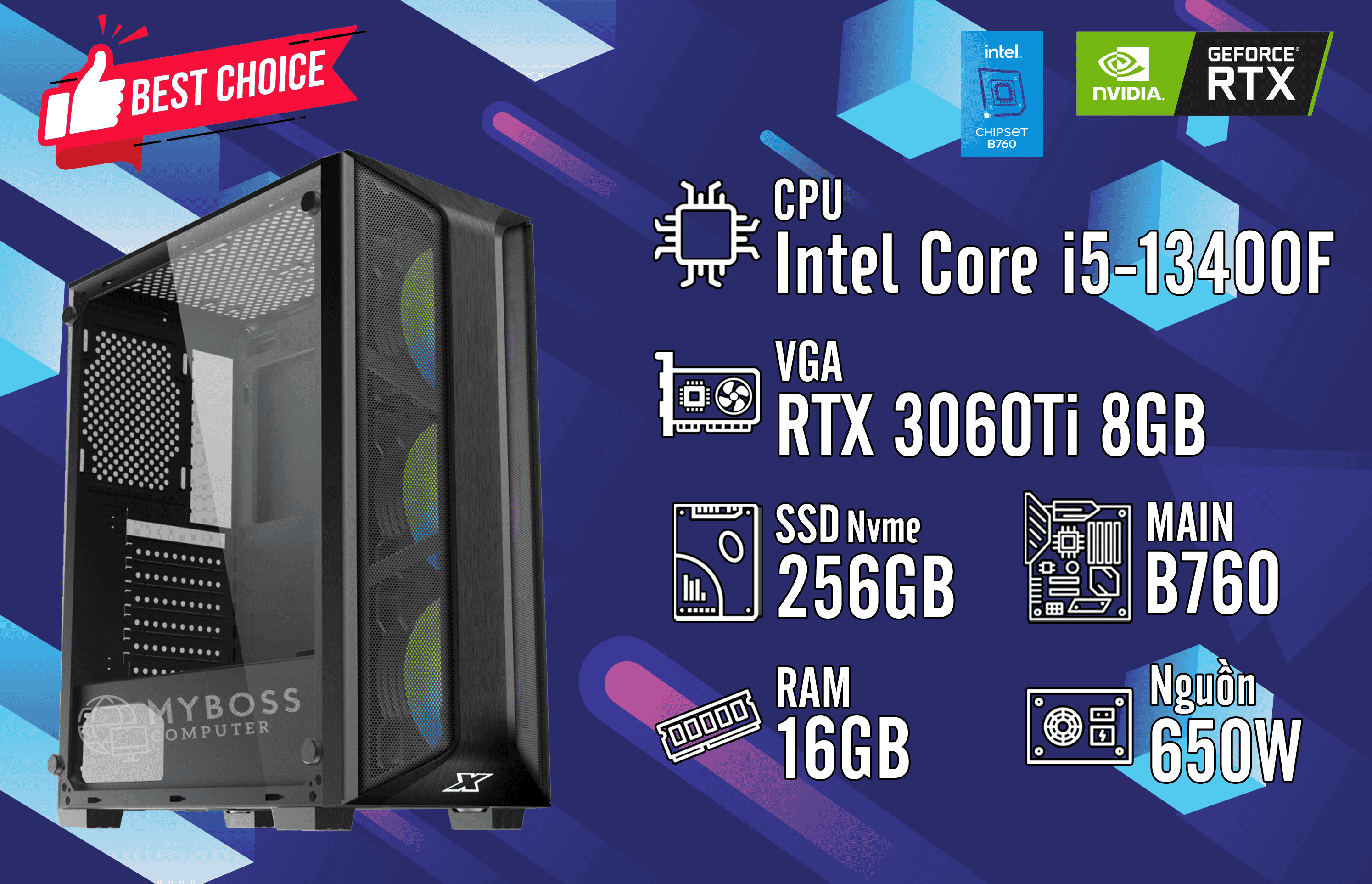 Bộ PC I5-13400F/ Ram 16G/ SSD Nvme 256G/ VGA RTX 3060Ti 8G