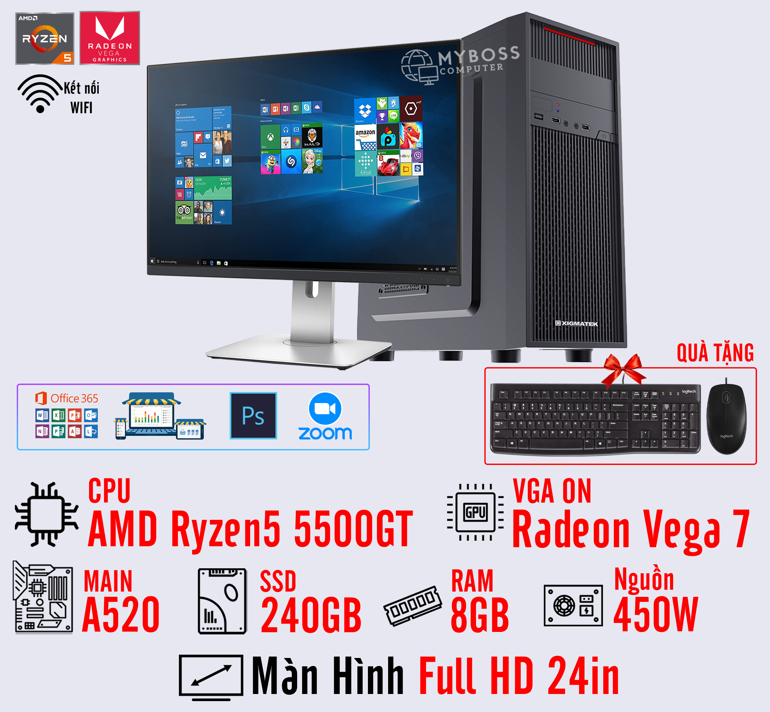 BỘ PC OFFICE AMD 5500GT - RAM 8G - SSD 240G - VGA Radeon - Màn hình 24in - Wifi