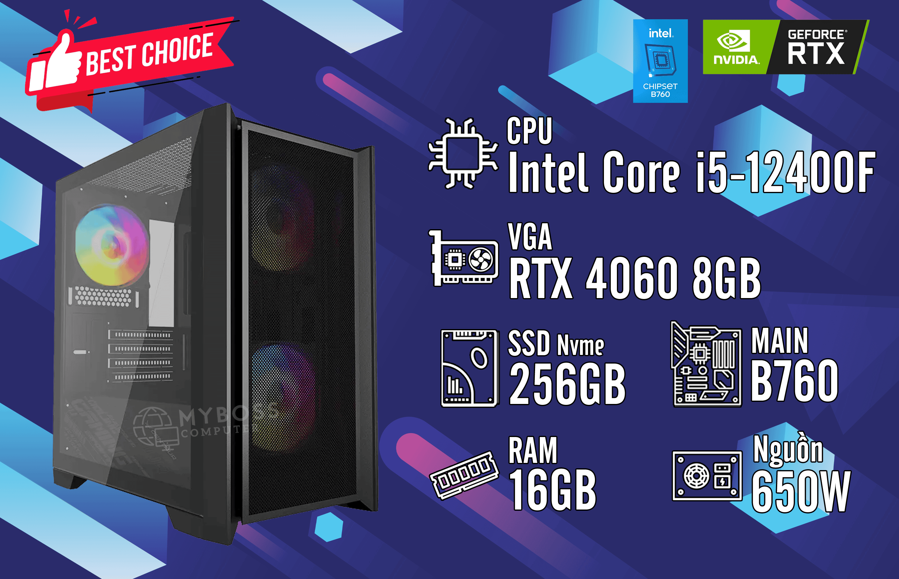 Bộ PC I5-12400F/ RAM 16GB/ SSD Nvme 256GB/ VGA RTX 4060 8GB