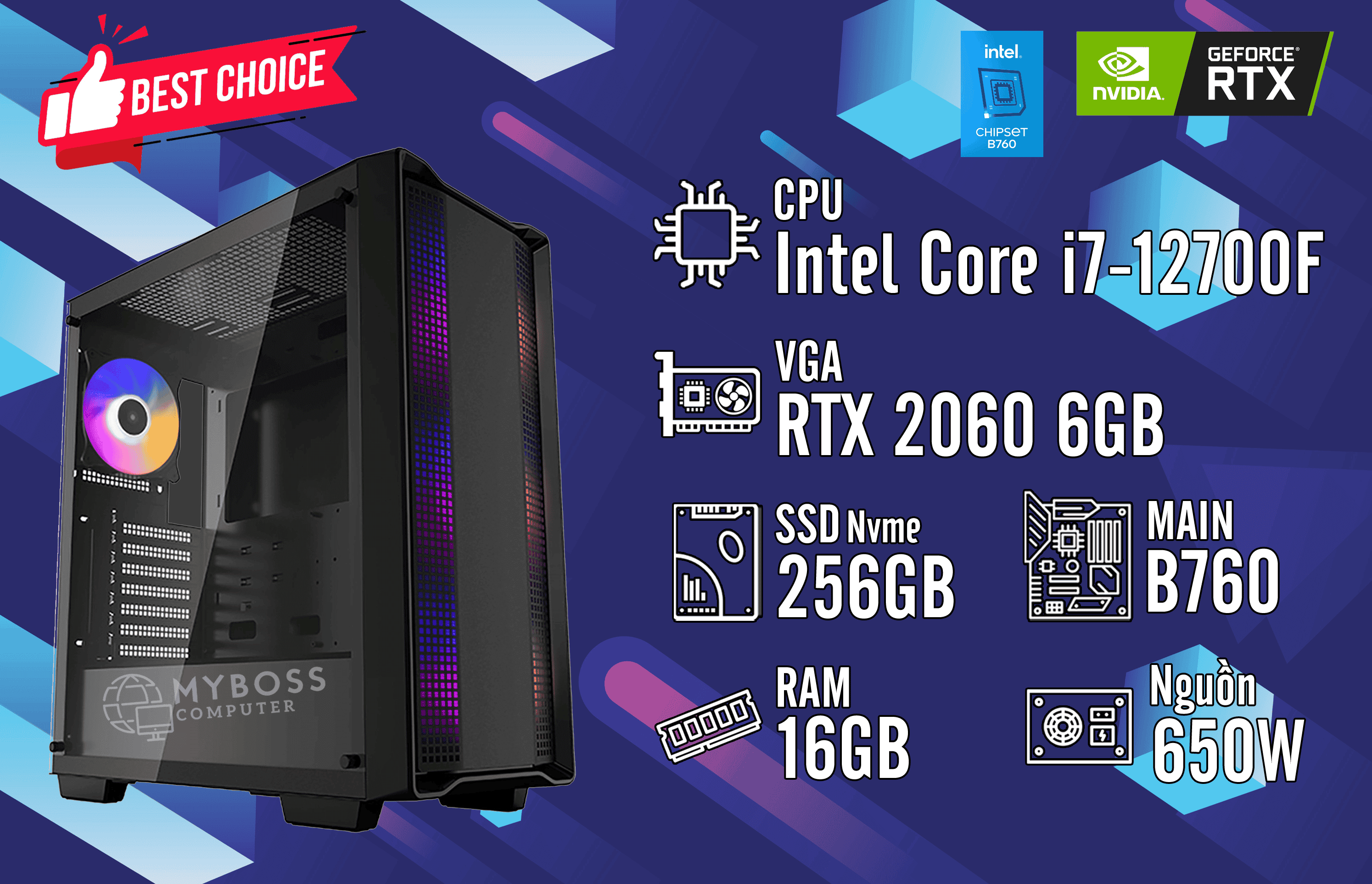 Bộ PC I7-12700F/ Ram 16G/ SSD Nvme 256G/ VGA RTX 2060 6G