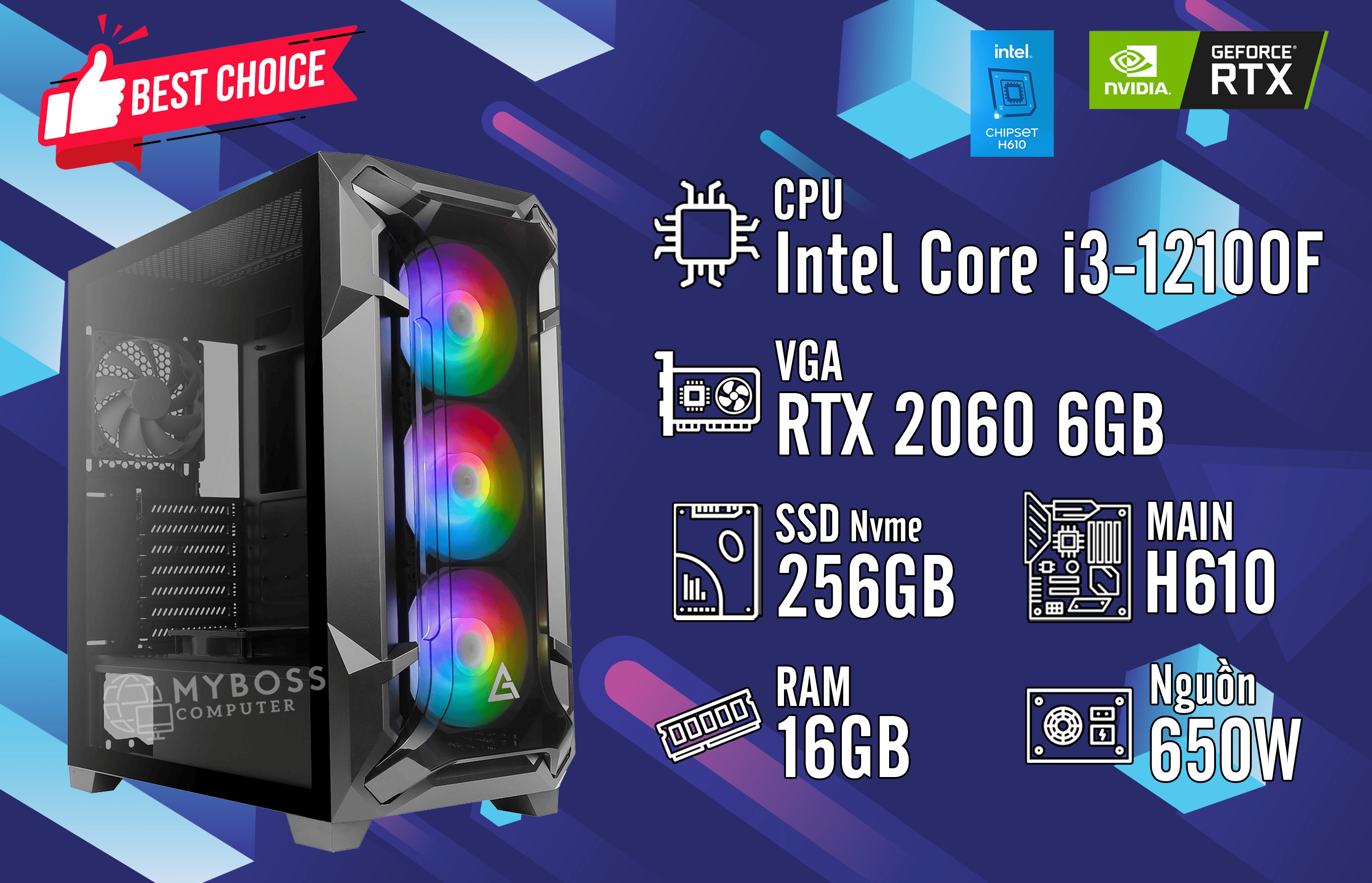 Bộ PC I3-12100F/ RAM 16G/ SSD Nvme 256G/ VGA RTX 2060 6G