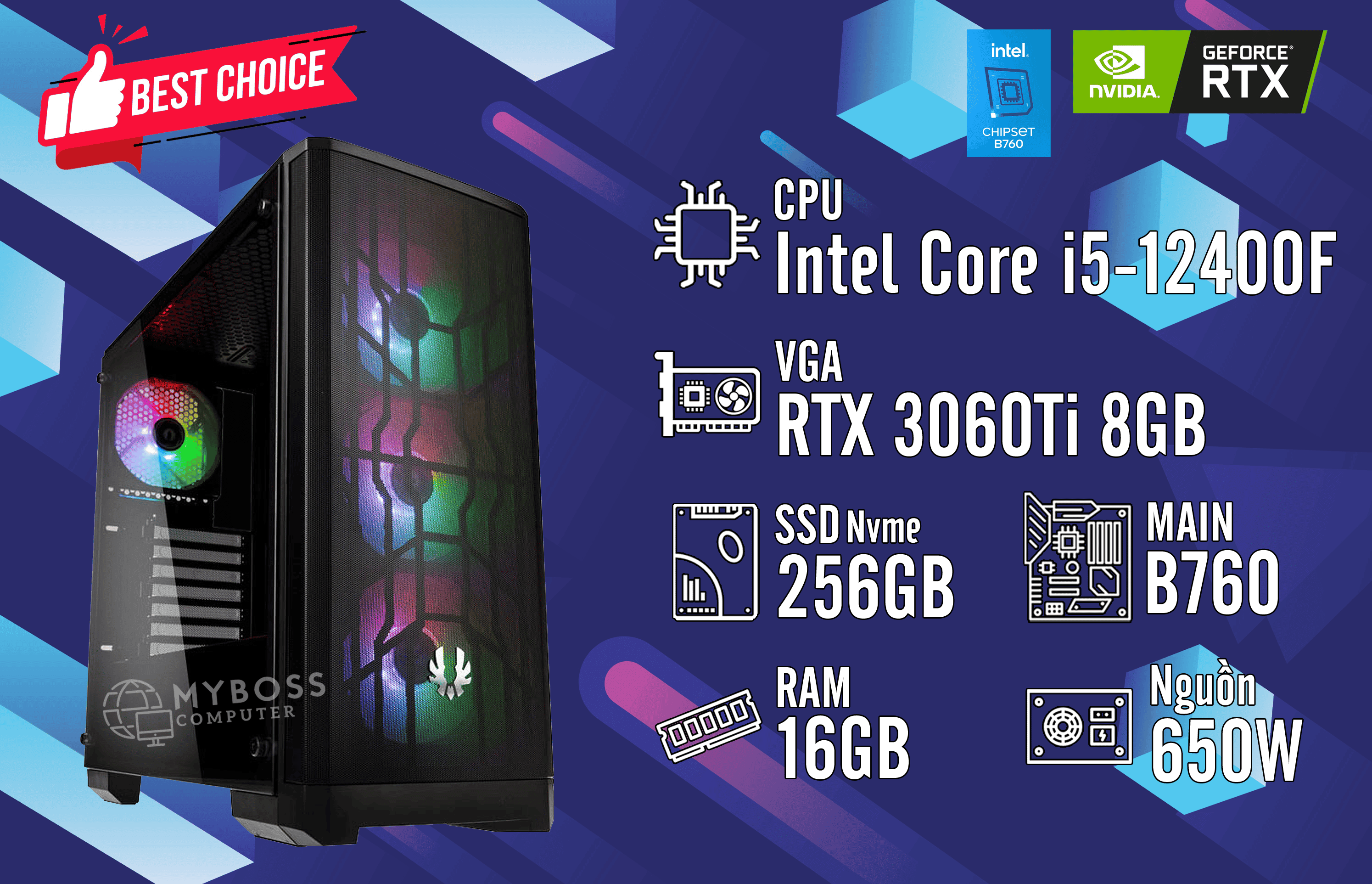Bộ PC I5-12400F/ RAM 16G/ SSD Nvme 256G/ VGA RTX 3060Ti 8G