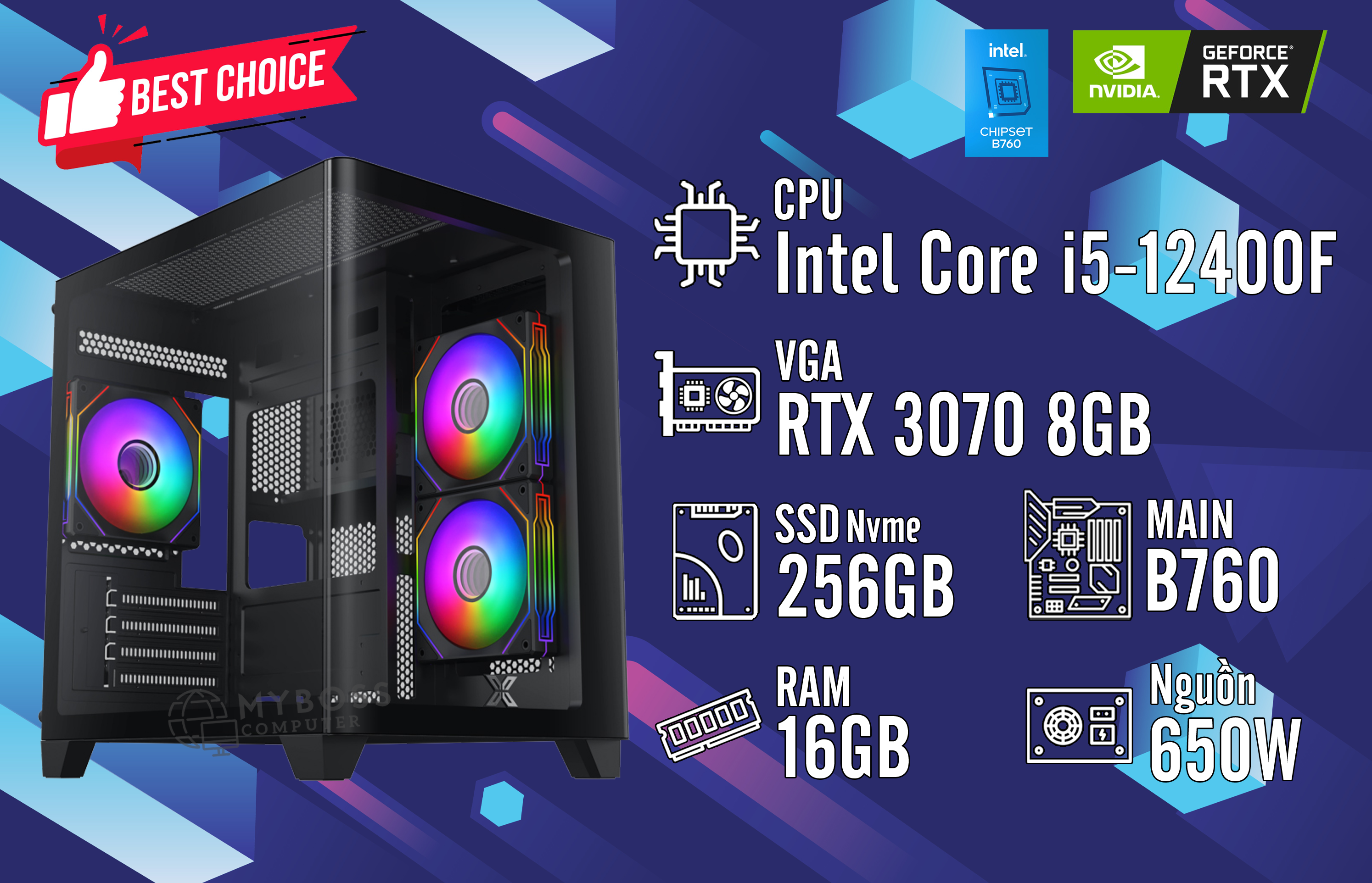 Bộ PC I5-12400F/ Ram 16G/ SSD Nvme 256G/ VGA RTX 3070 8G