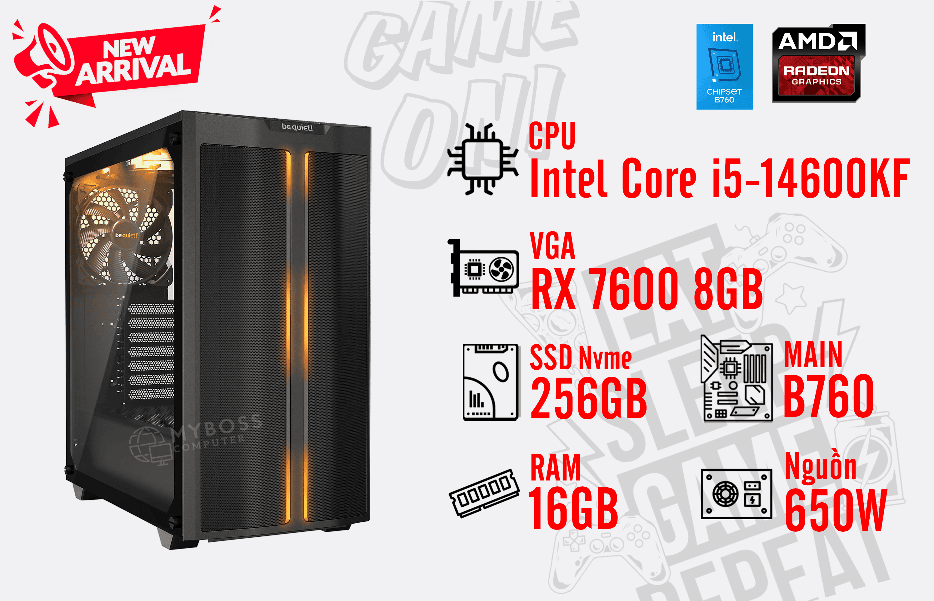 Bộ PC I5-14600KF/ RAM 16G/ SSD Nvme 256G/ VGA RX 7600 8GB