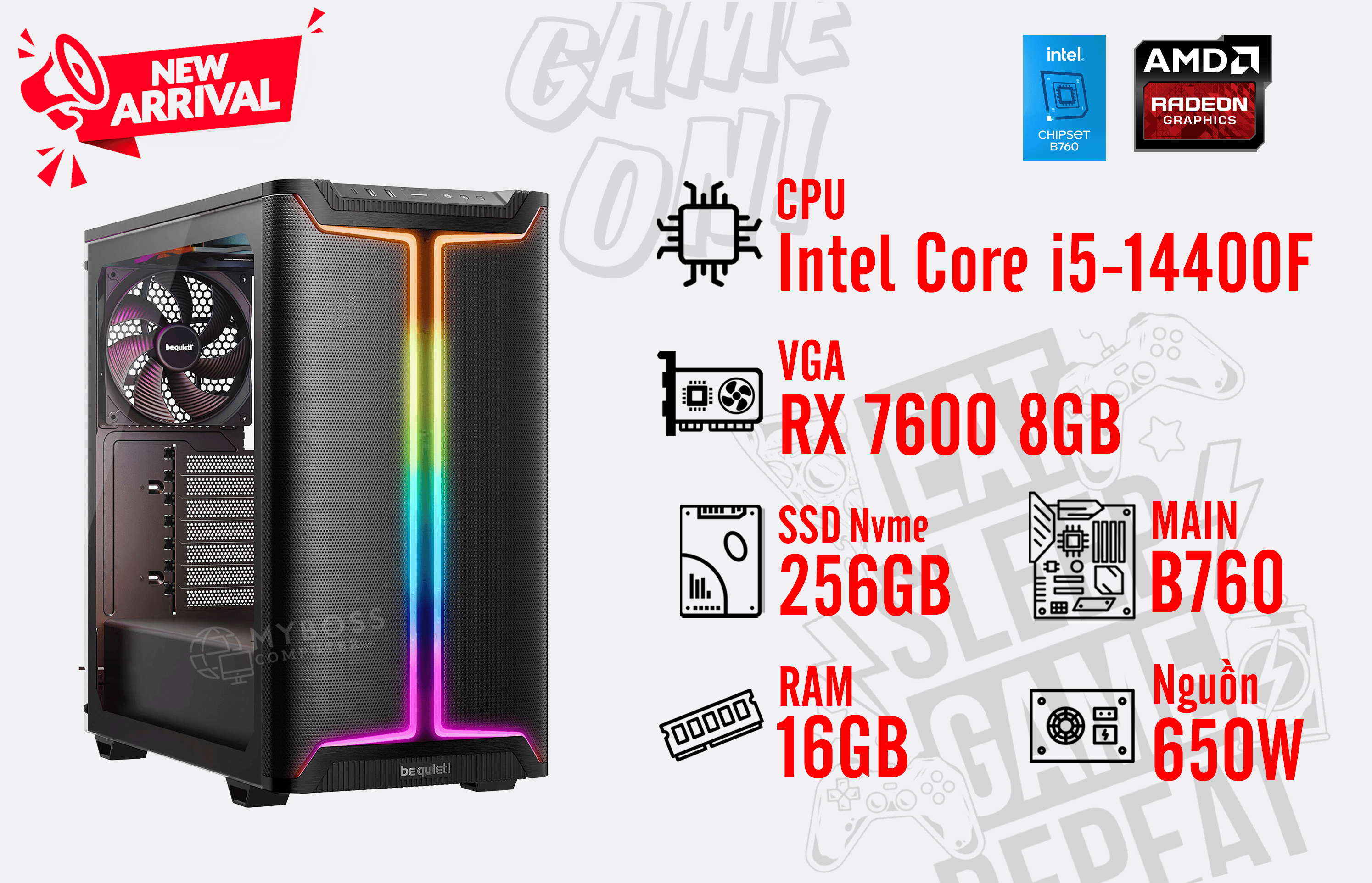 Bộ PC I5-14400F/ RAM 16G/ SSD Nvme 256G/ VGA RX 7600 8GB