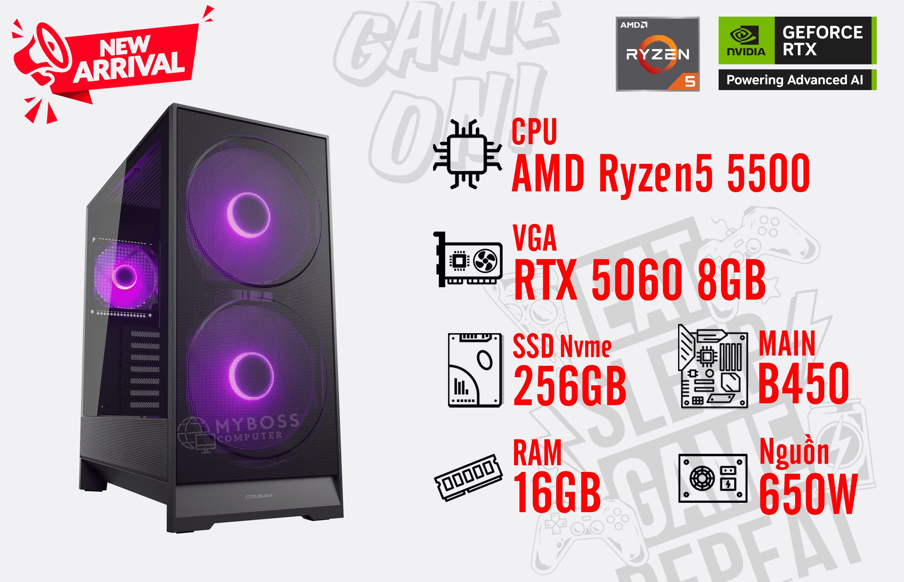 Bộ PC AMD Ryzen 5 5500/ RAM 16GB/ SSD Nvme 256GB/ VGA RX 5060 8GB