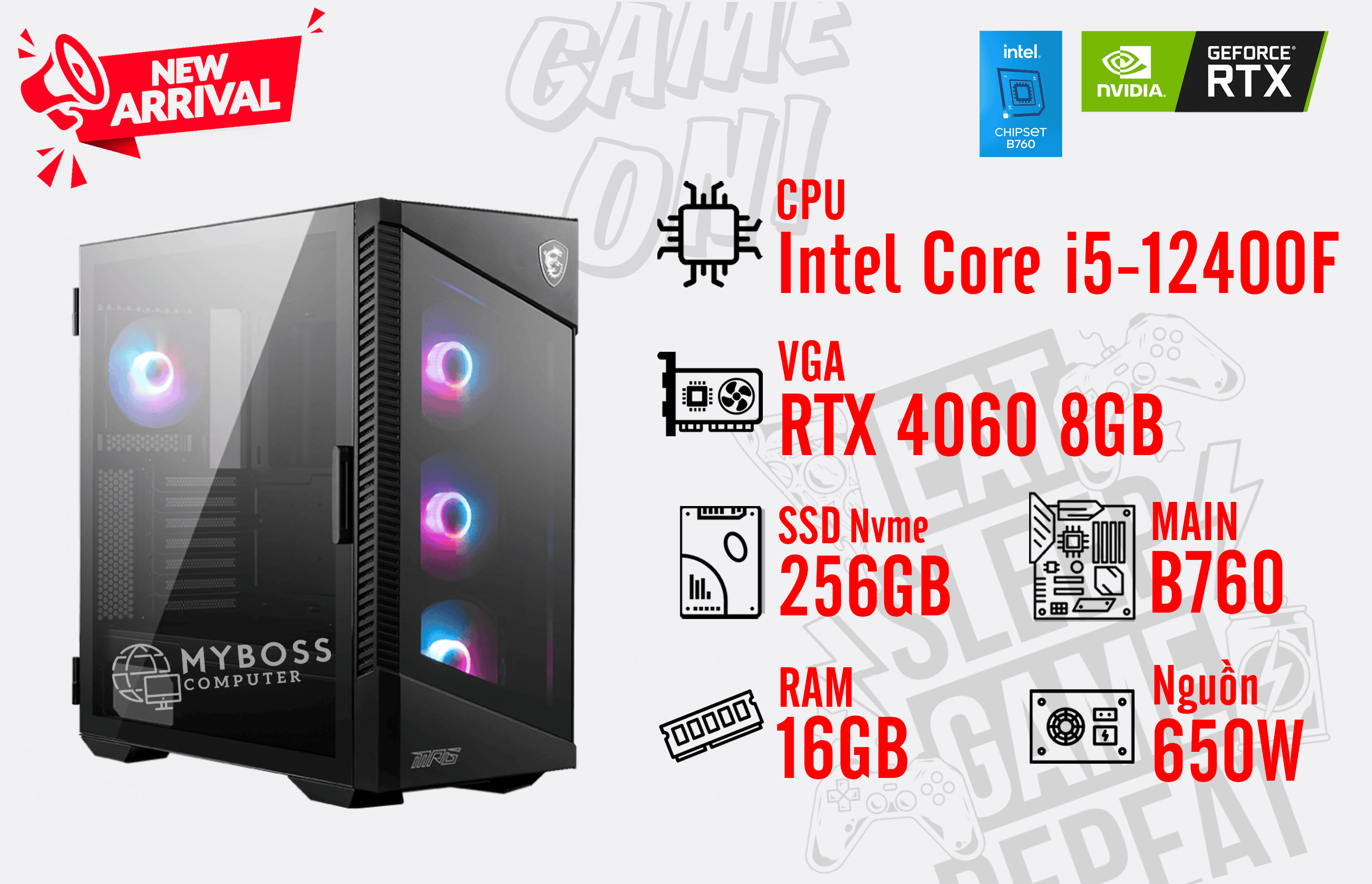 Bộ PC I5-12400F/ RAM 16G/ SSD Nvme 256G/ VGA RTX 4060 8GB