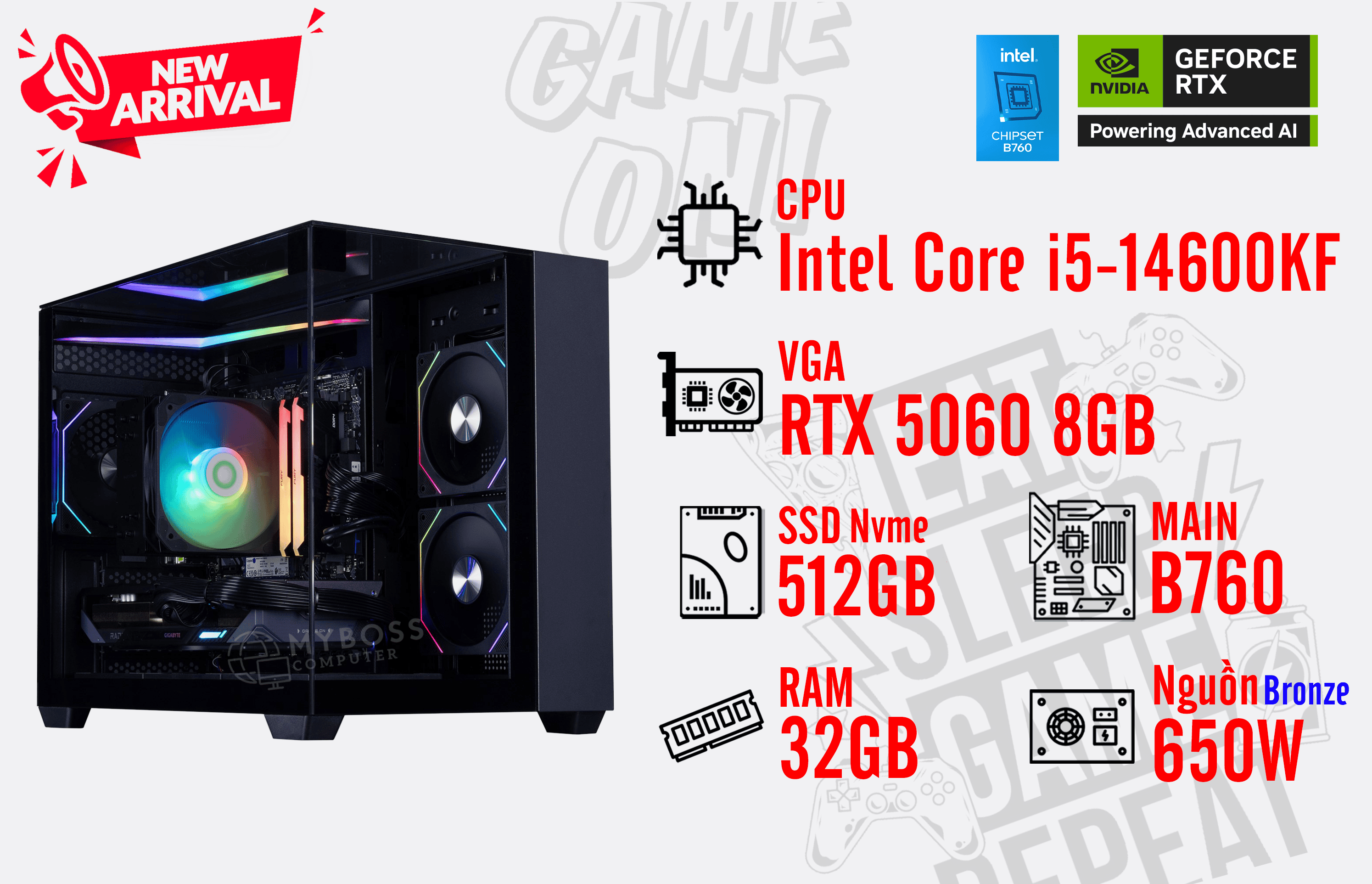 Bộ PC I5-14600KF/ RAM 32GB/ SSD Nvme 512GB/ VGA RTX 5060 8GB