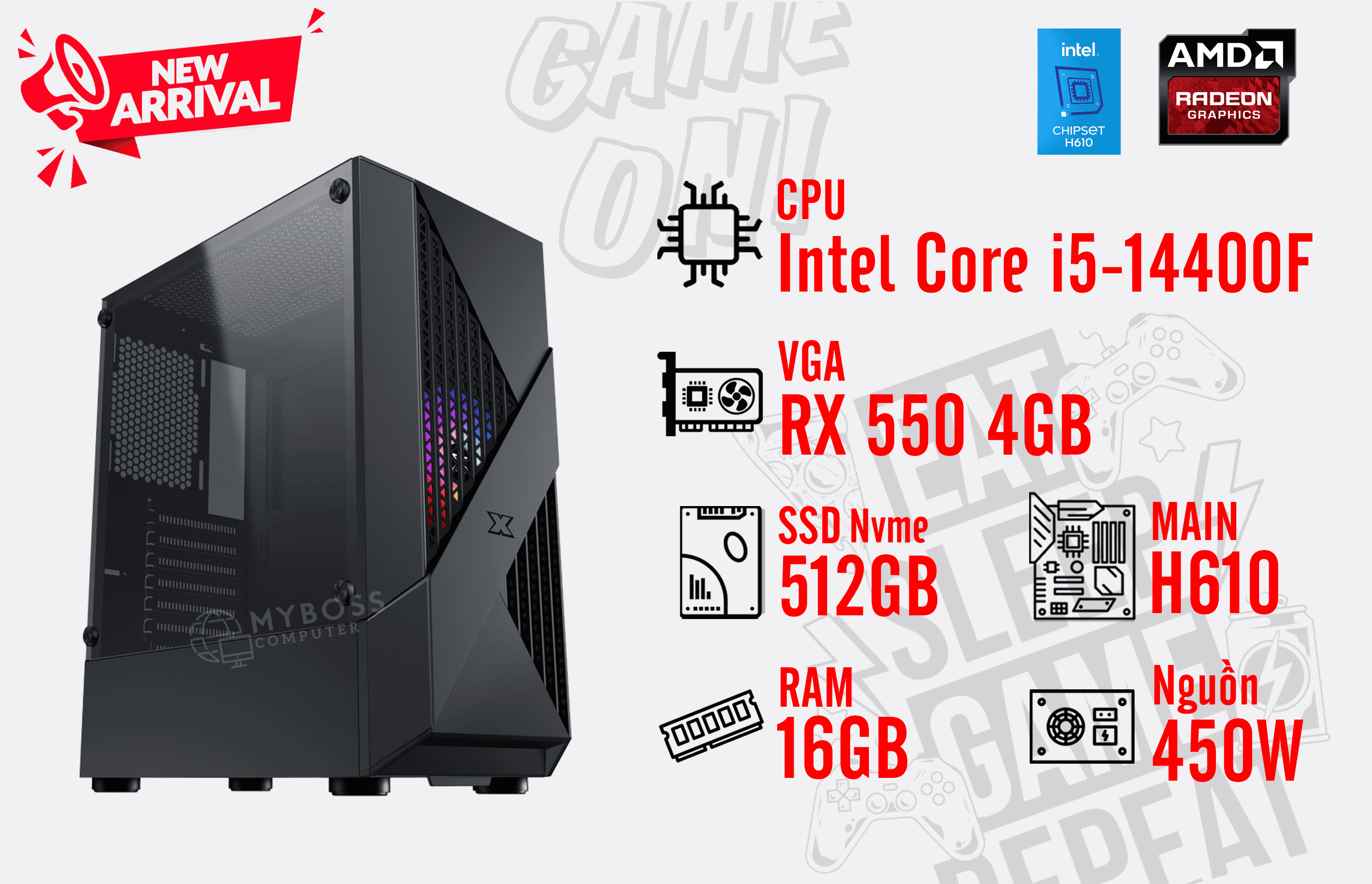 BỘ PC Intel Core i5-14400F/ RAM 16G/ SSD Nvme 512G/ VGA RX 550 4GB
