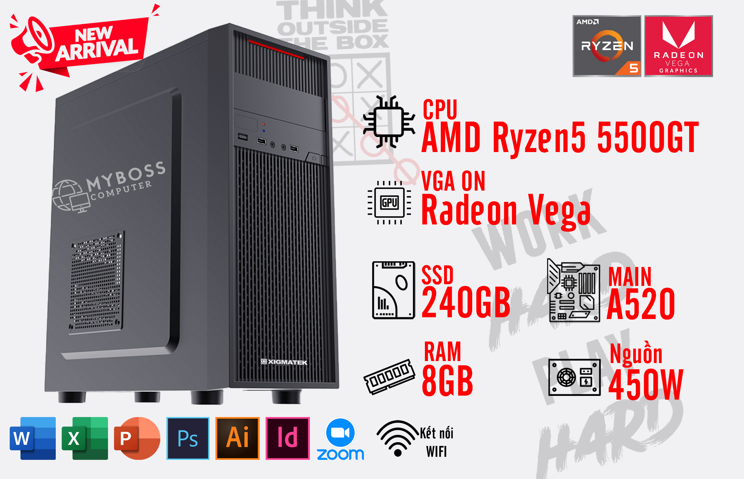 BỘ PC OFFICE AMD 5500GT - RAM 8G - SSD 240G - VGA Radeon - Wifi