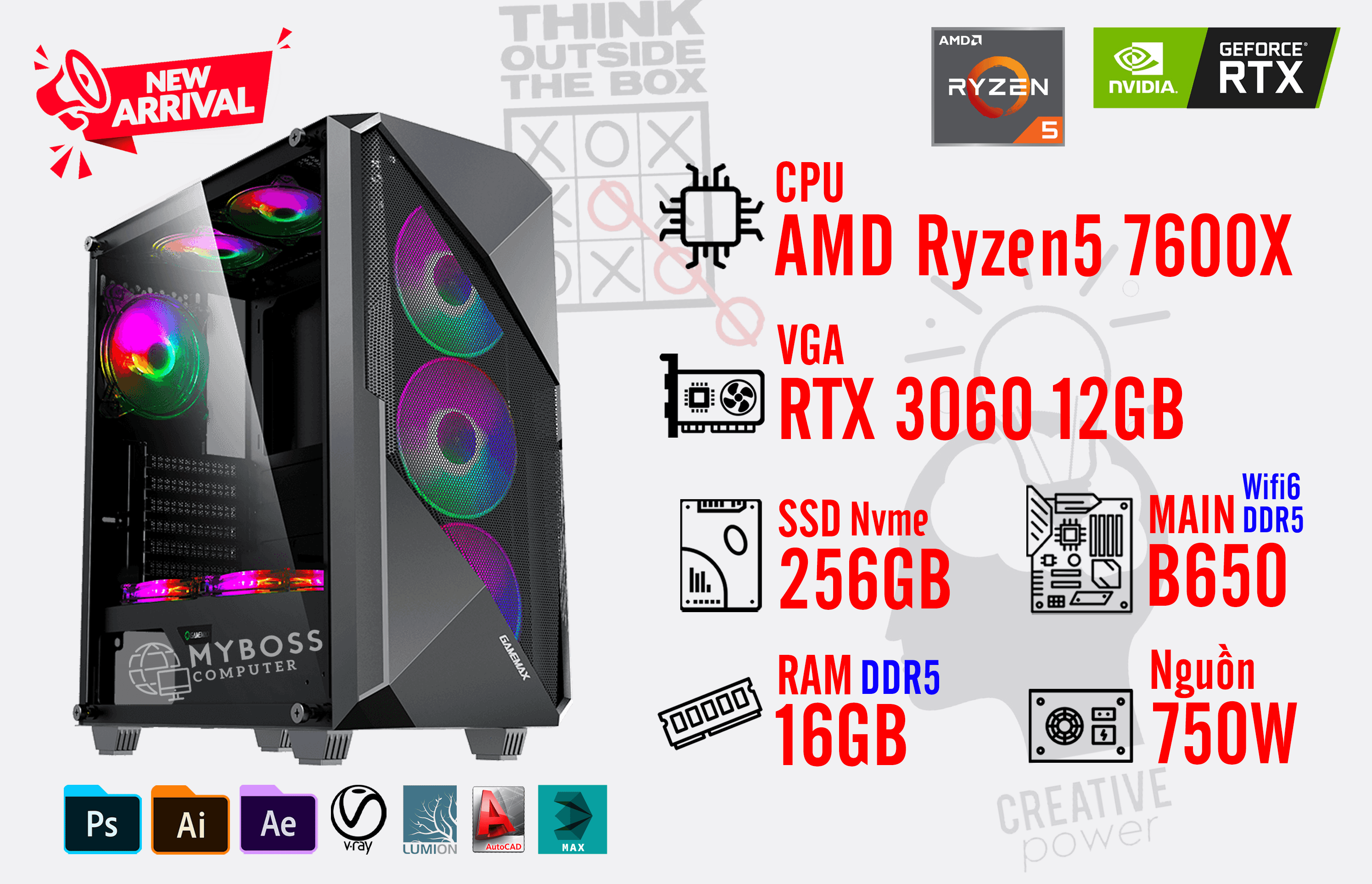 Bộ PC AMD Ryzen5 7600X/ Ram 16G/ SSD Nvme 256G/ VGA RTX 3060 12GB