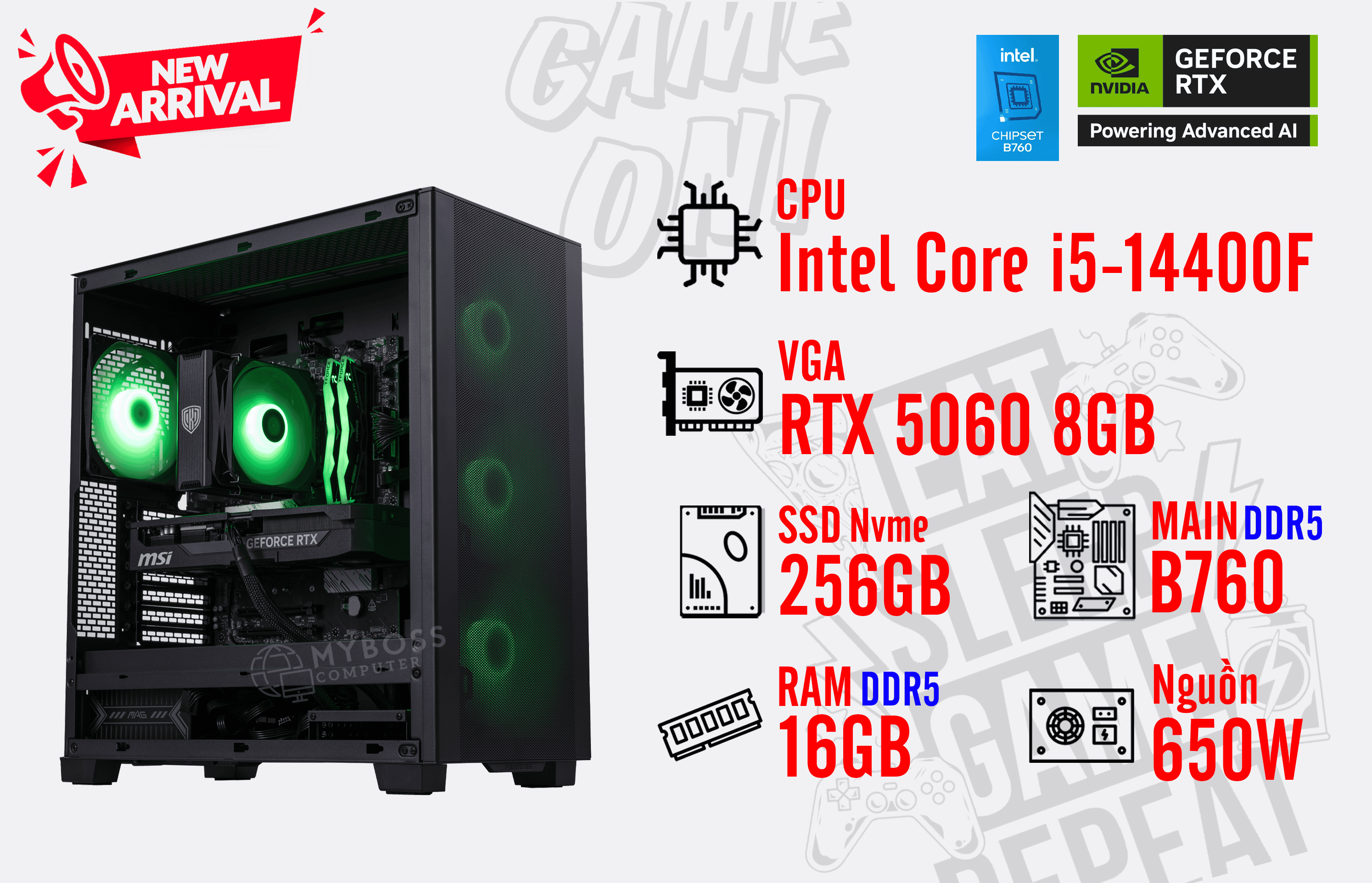 Bộ PC I5-14400F/ RAM 16GB DDR5/ SSD Nvme 256GB/ VGA RTX 5060 8GB