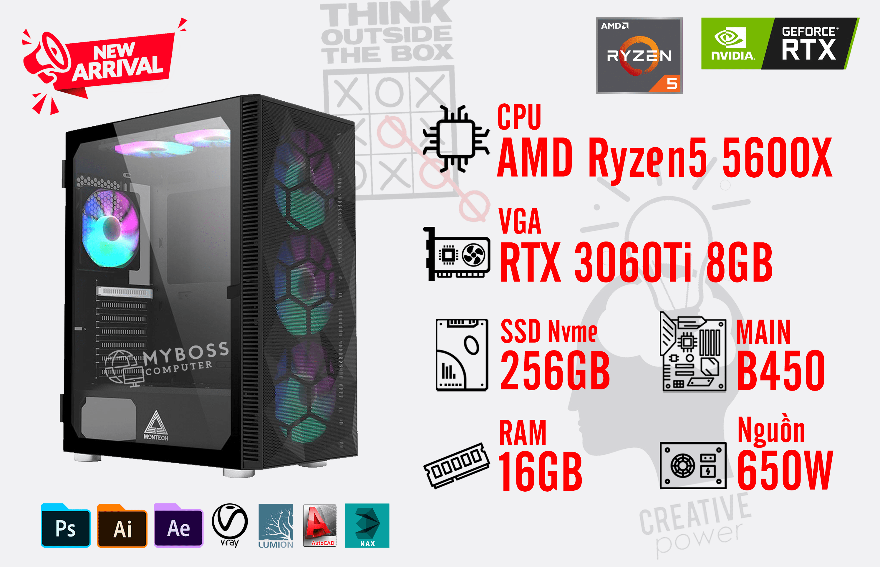 Bộ PC AMD Ryzen5 5600X/ Ram 16G/ SSD Nvme 256G/ VGA RTX 3060Ti