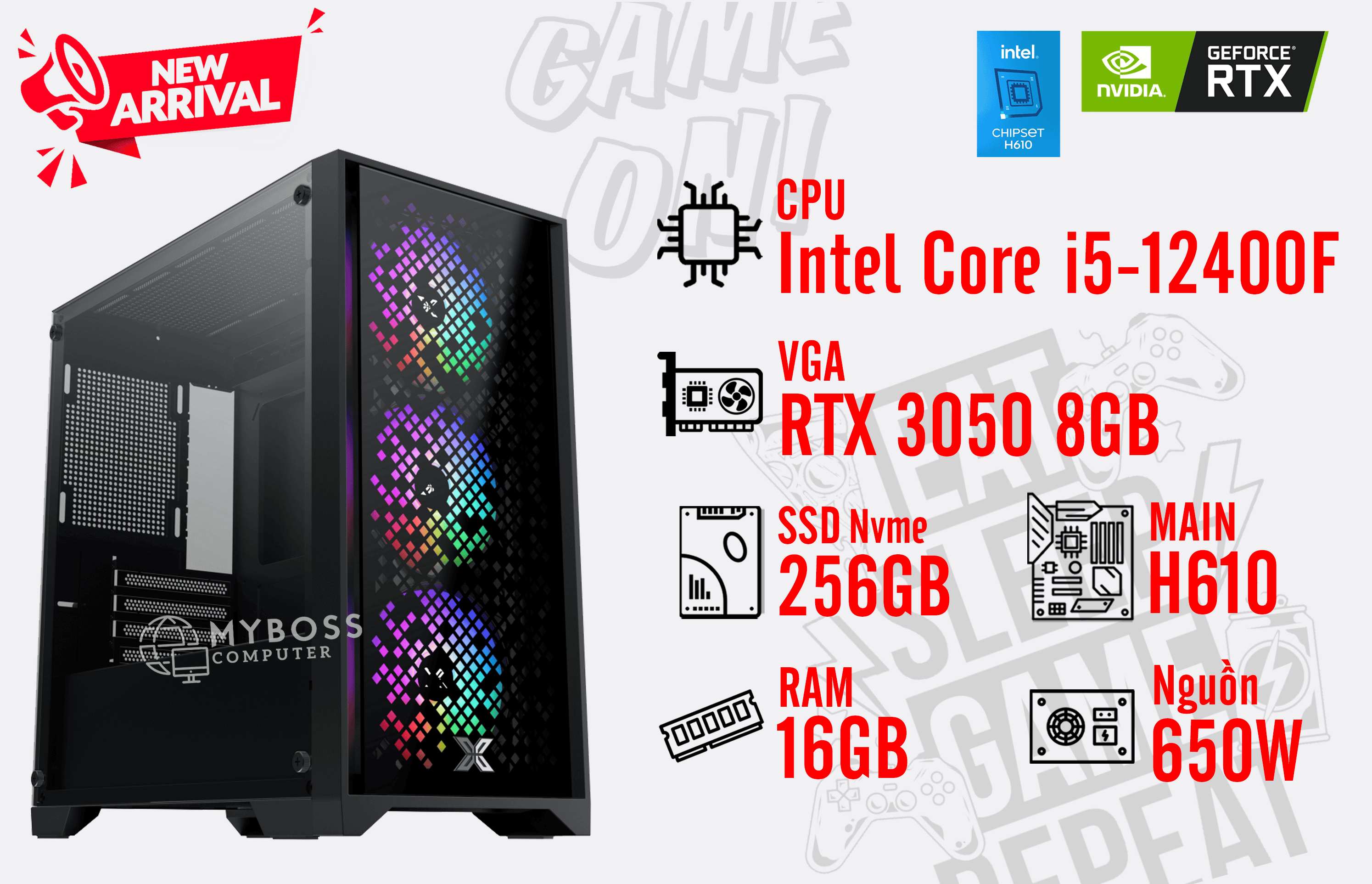 Bộ PC I5-12400F/ RAM 16G/ SSD 256G/ VGA RTX 3050 8GB