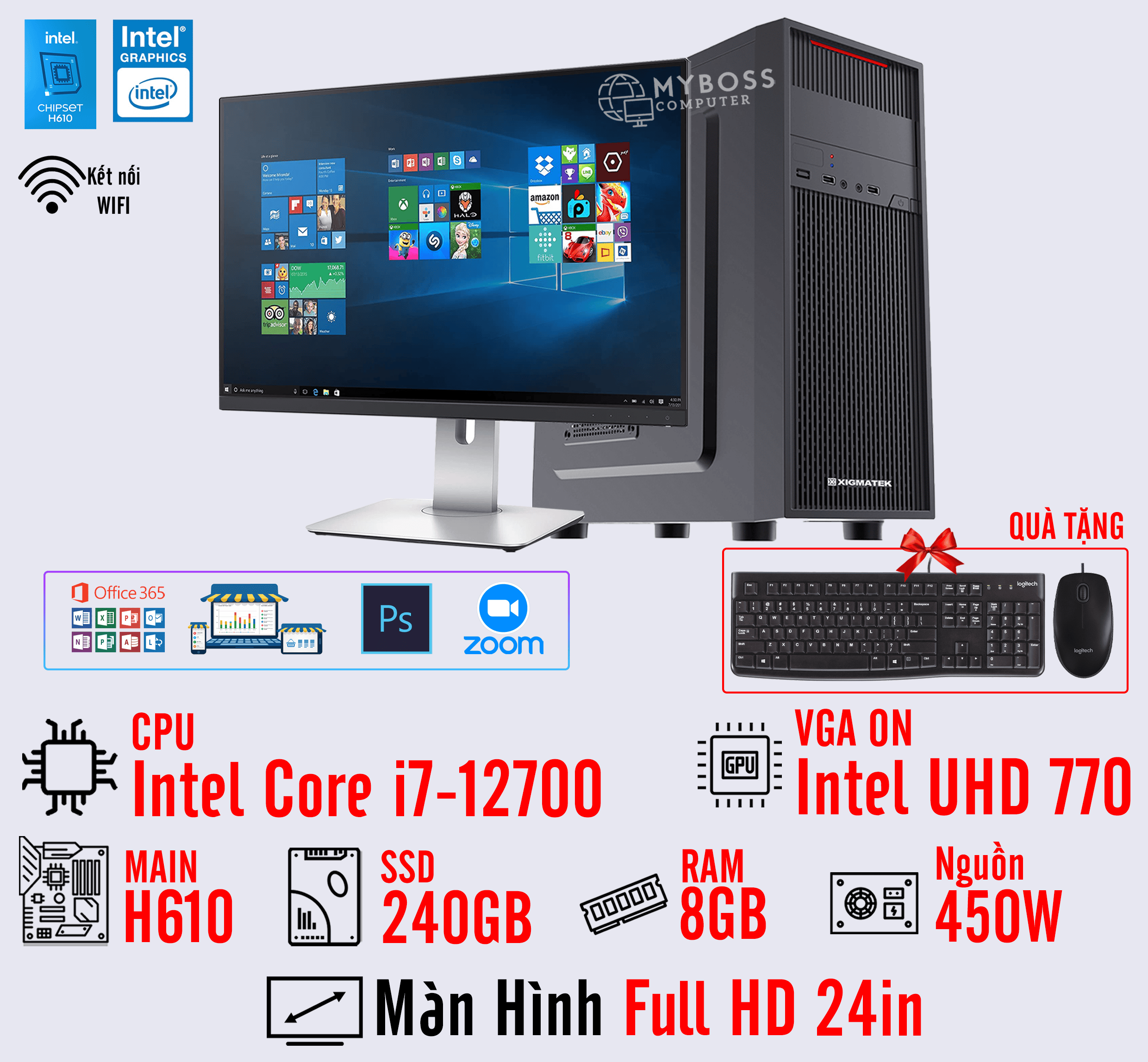 BỘ PC OFFICE I7-12700 - RAM 8G - SSD 240G - VGA On UHD 770 - MÀN HÌNH 24in - Wifi