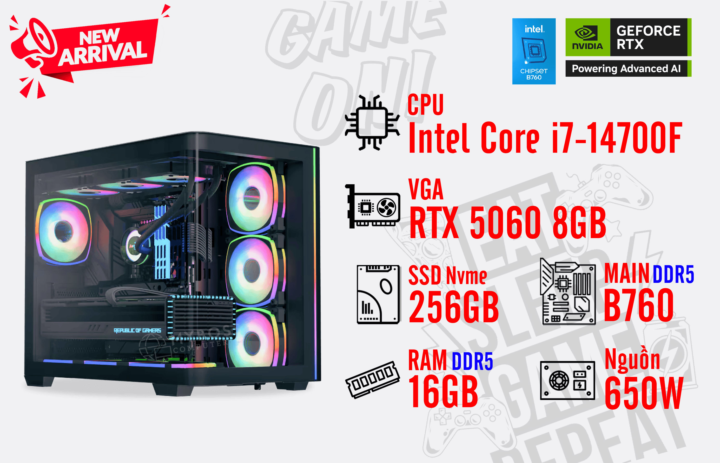 Bộ PC I7-14700F/ RAM 16GB DDR5/ SSD Nvme 256GB/ VGA RTX 5060 8GB