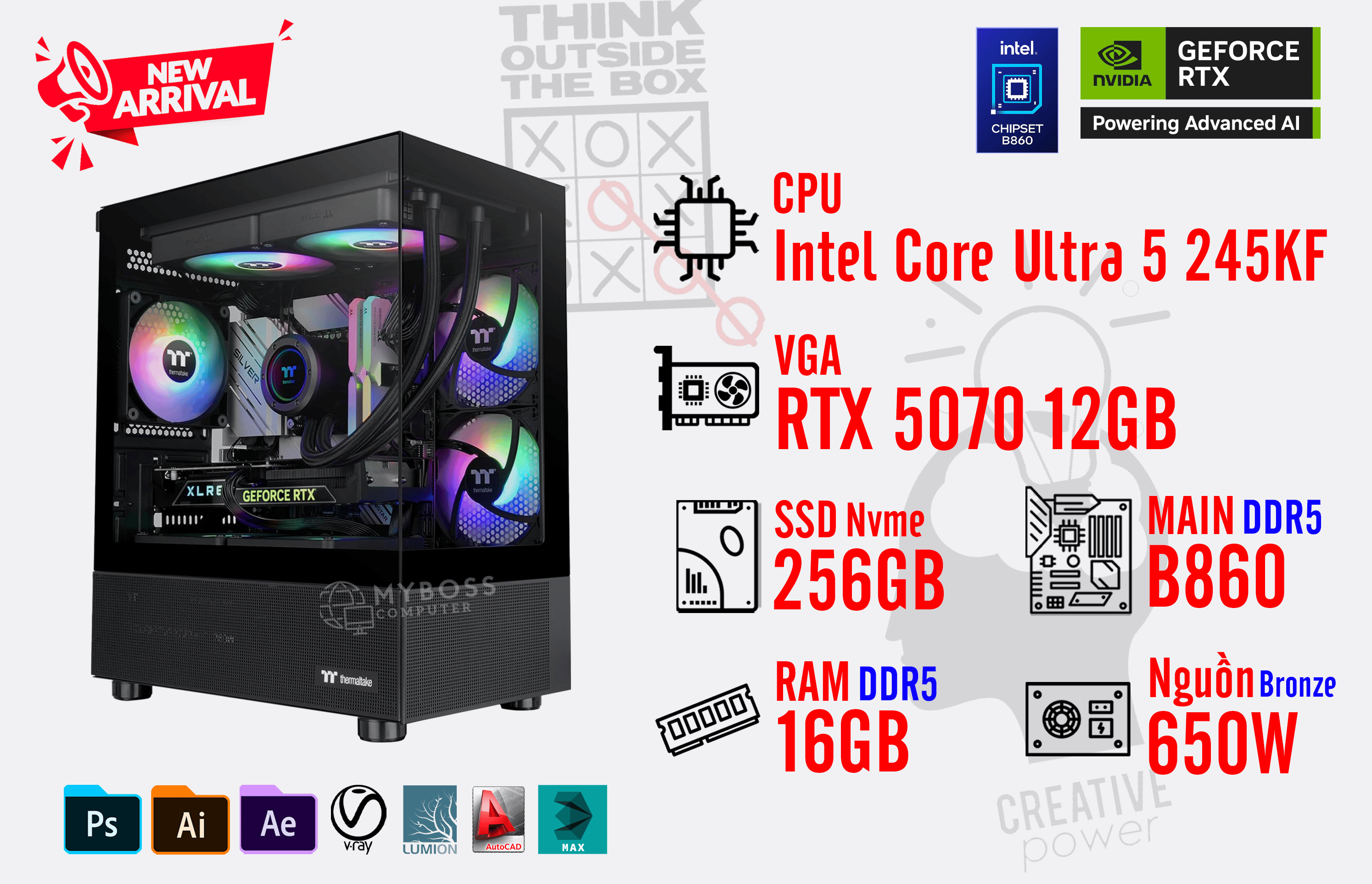 Bộ PC Core Ultra 5 245KF/ RAM 16GB DDR5/ SSD Nvme 256GB/ VGA RTX 5070 12GB