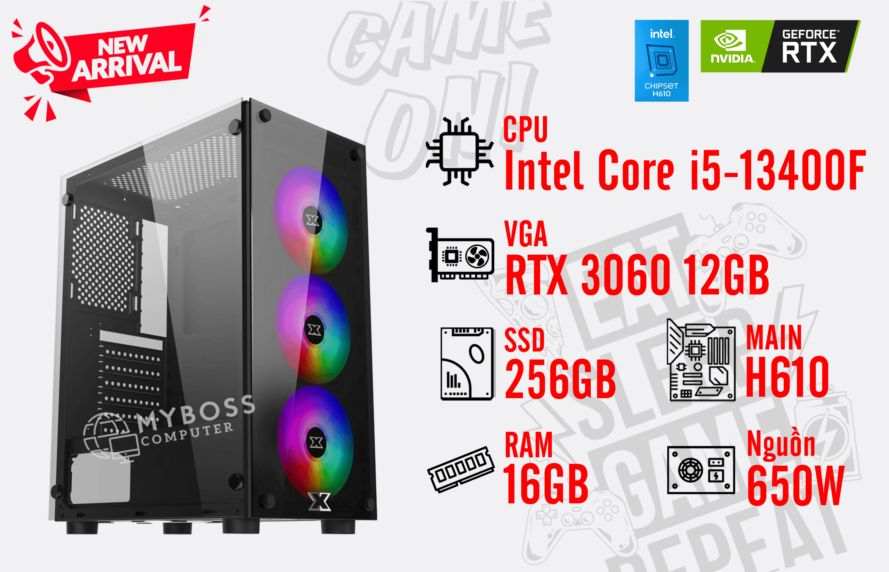 Bộ PC GAMING I5-13400F/ RAM 16G/ SSD Nvme 256G/ VGA RTX 3060 12GB
