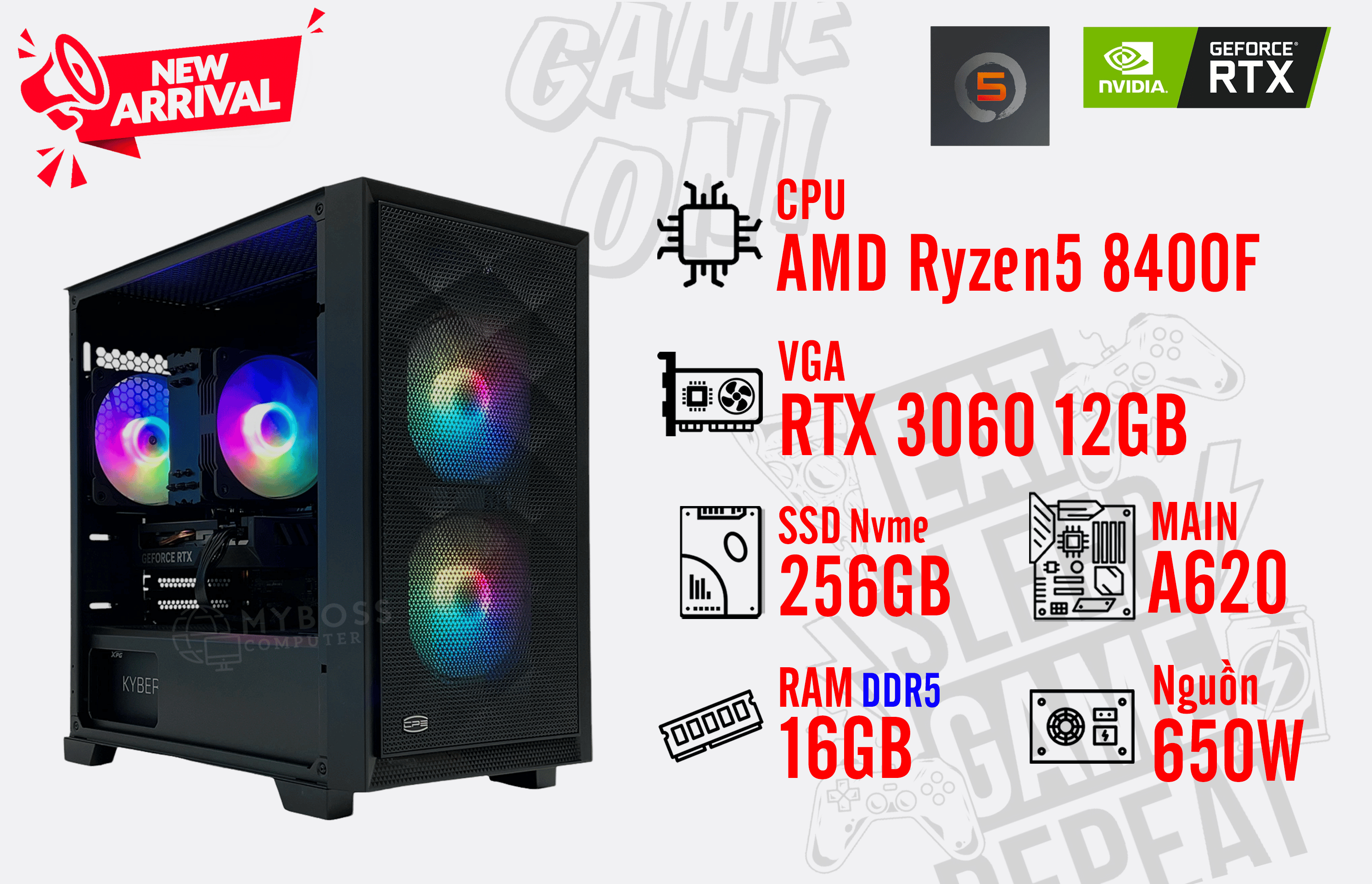 Bộ PC AMD Ryzen 5 8400F/ RAM 16G DDR5/ SSD Nvme 256G/ VGA RTX 3060 12G