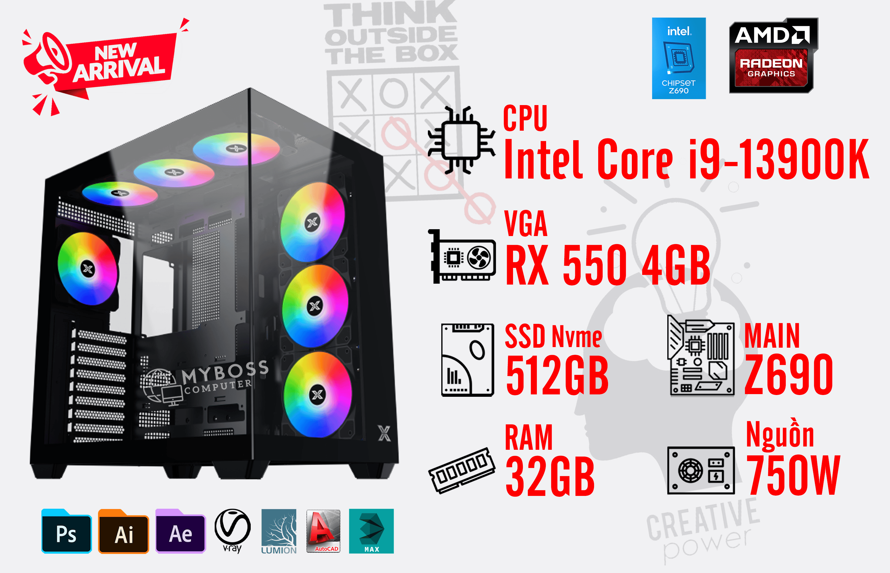 Bộ PC I9-13900K/ Ram 32G/ SSD Nvme 512G/ VGA RX 550 4GB