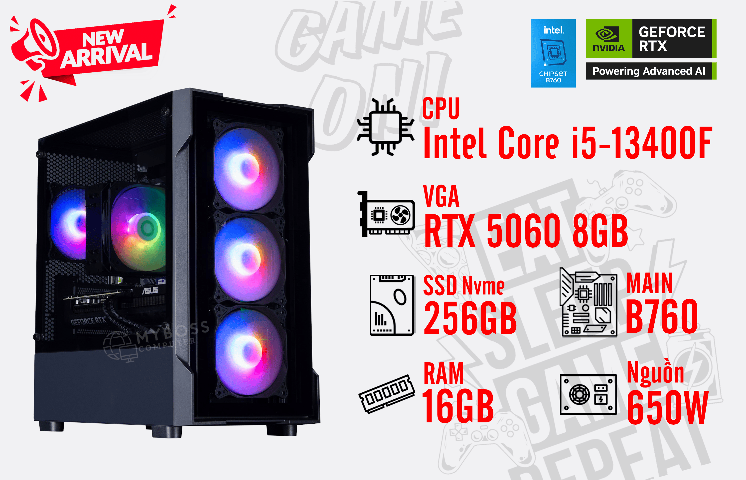 Bộ PC I5-13400F/ RAM 16GB/ SSD Nvme 256GB/ VGA RTX 5060 8GB