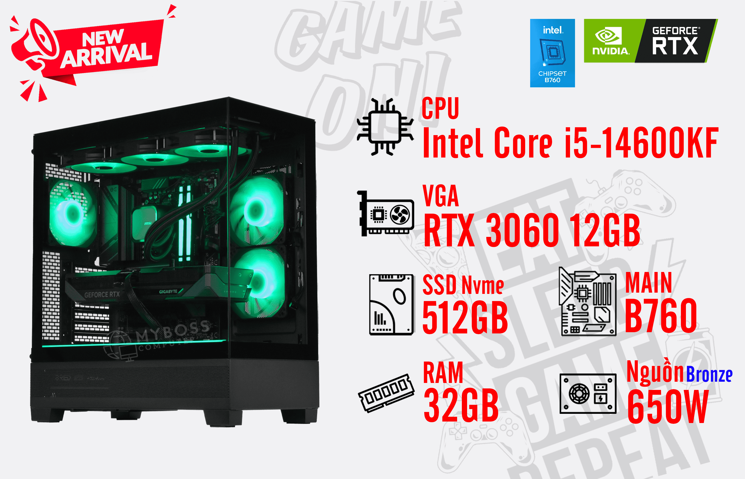 Bộ PC GAMING I5-14600KF/ RAM 32GB/ SSD Nvme 512GB/ VGA RTX 3060 12GB