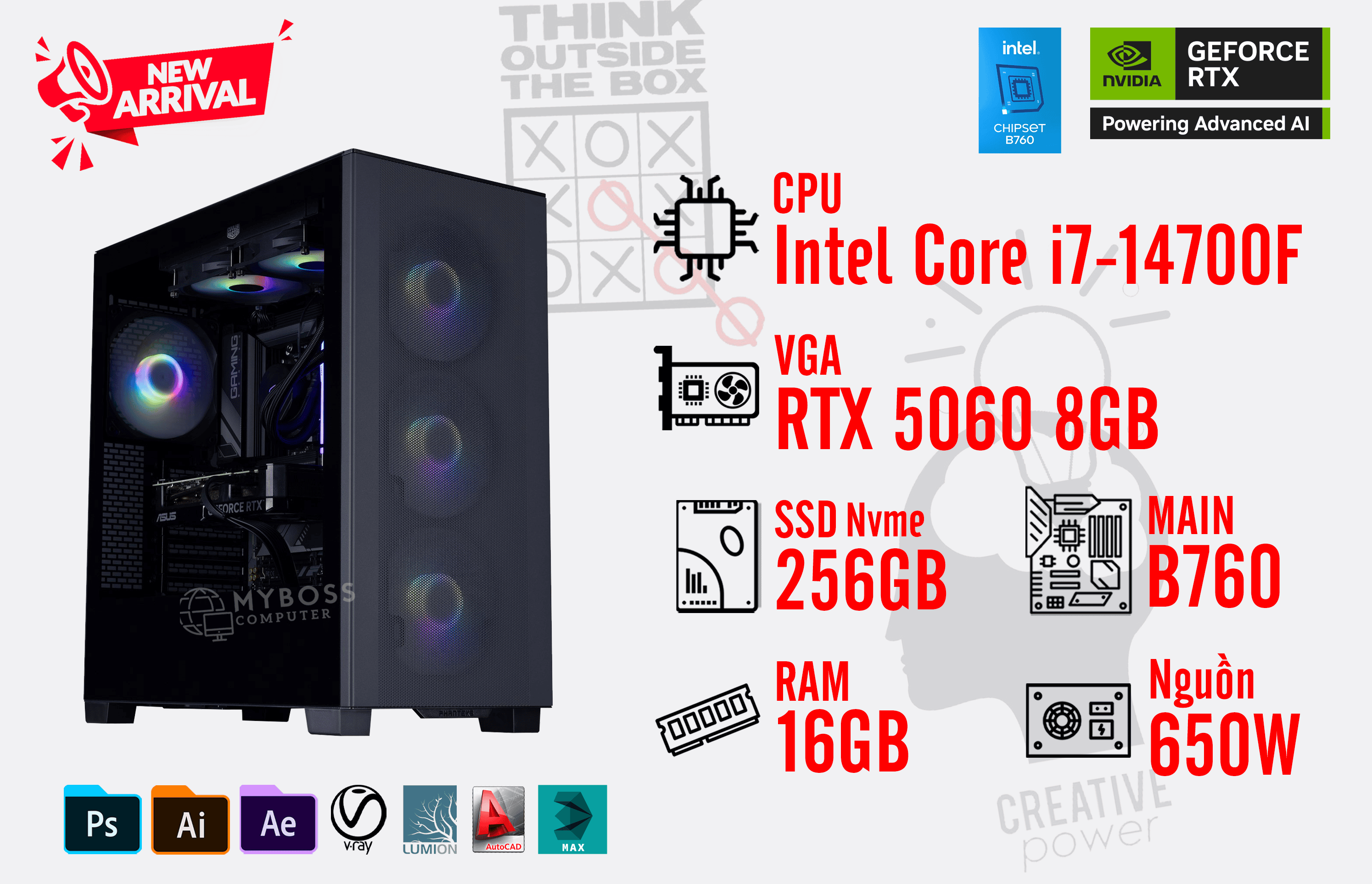Bộ PC I7-14700F/ RAM 16GB/ SSD Nvme 256GB/ VGA RTX 5060 8GB