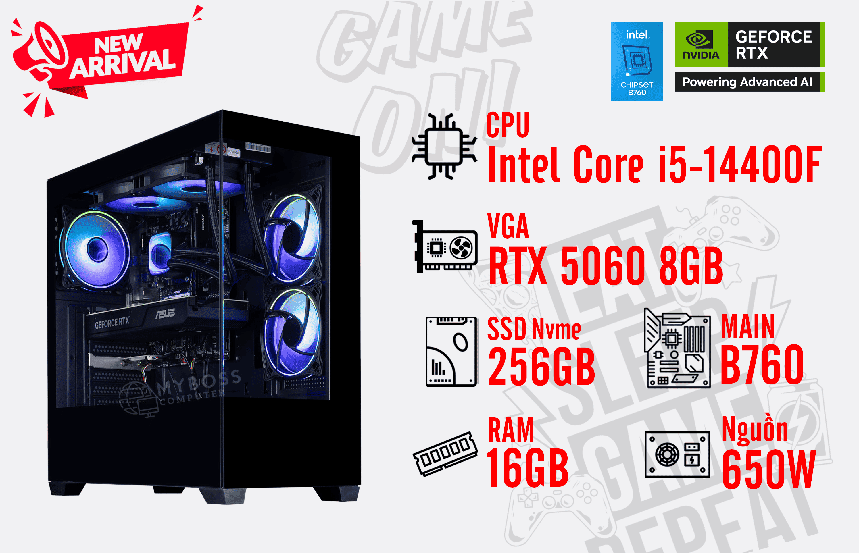 Bộ PC I5-14400F/ RAM 16G/ SSD Nvme 256G/ VGA RTX 5060 8GB