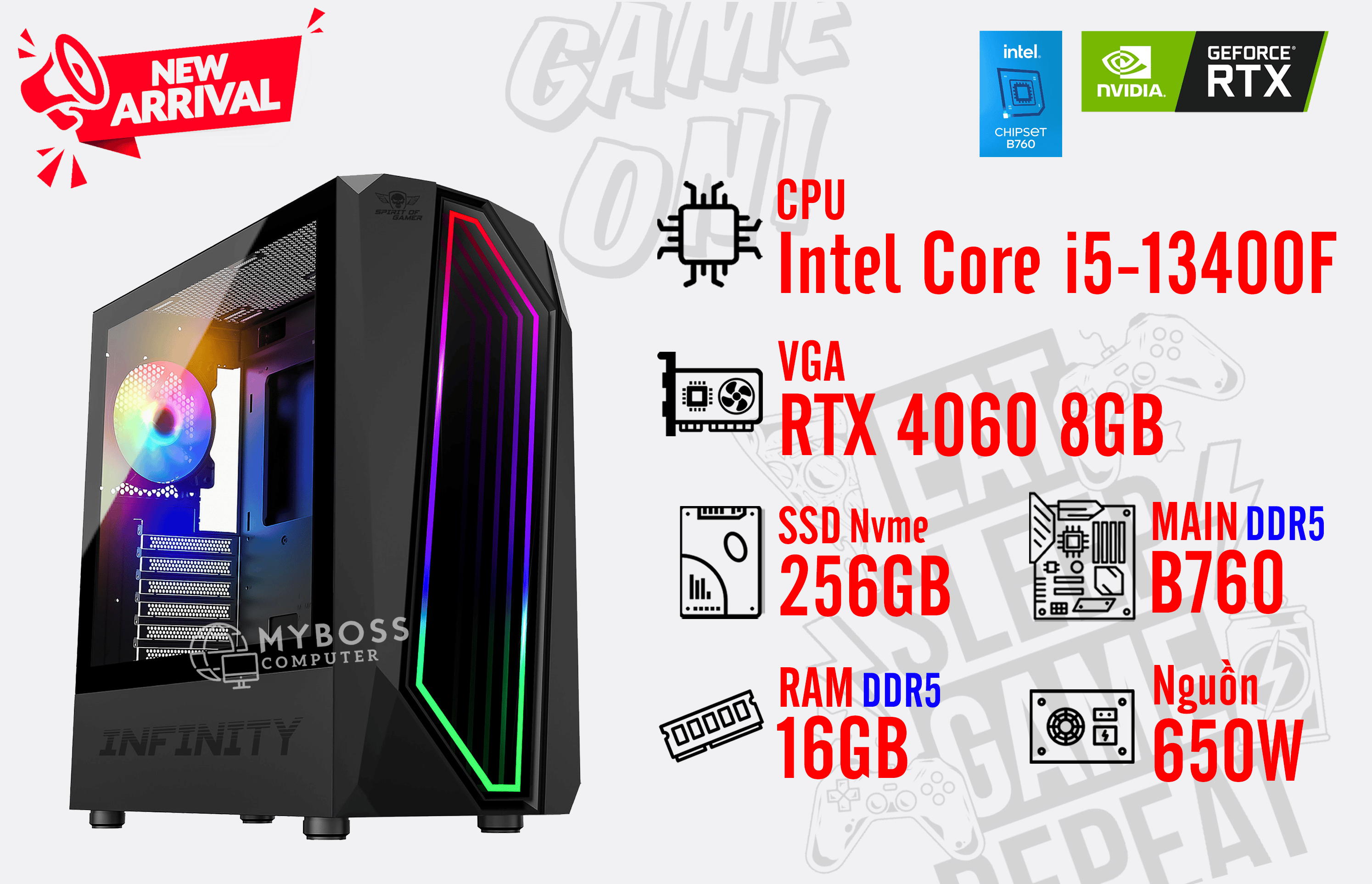 Bộ PC I5-13400F/ RAM 16G DDR5/ SSD Nvme 256G/ VGA RTX 4060 8GB