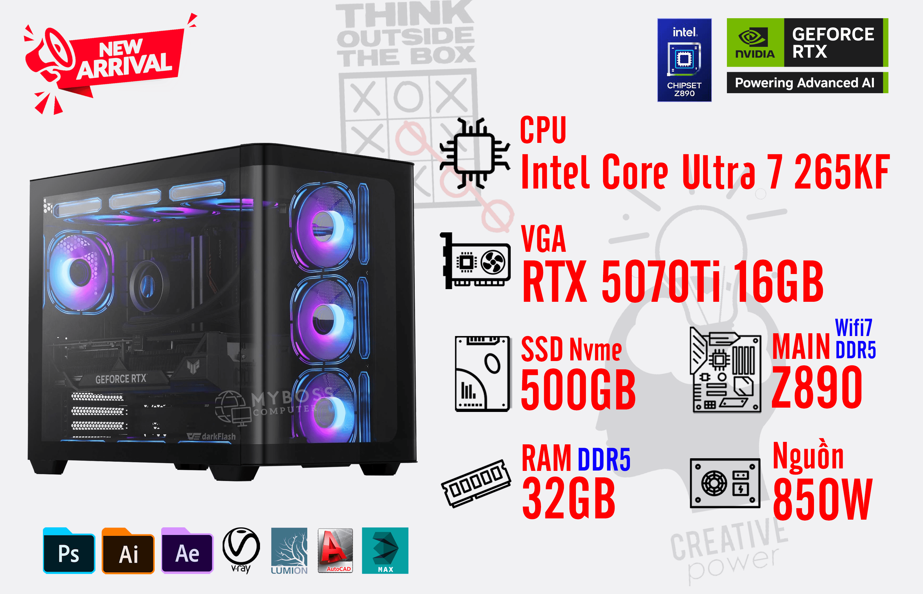 Bộ PC Core Ultra 7 265KF/ RAM 32GB DDR5/ SSD Nvme 500GB/ VGA RTX 5070Ti 16GB