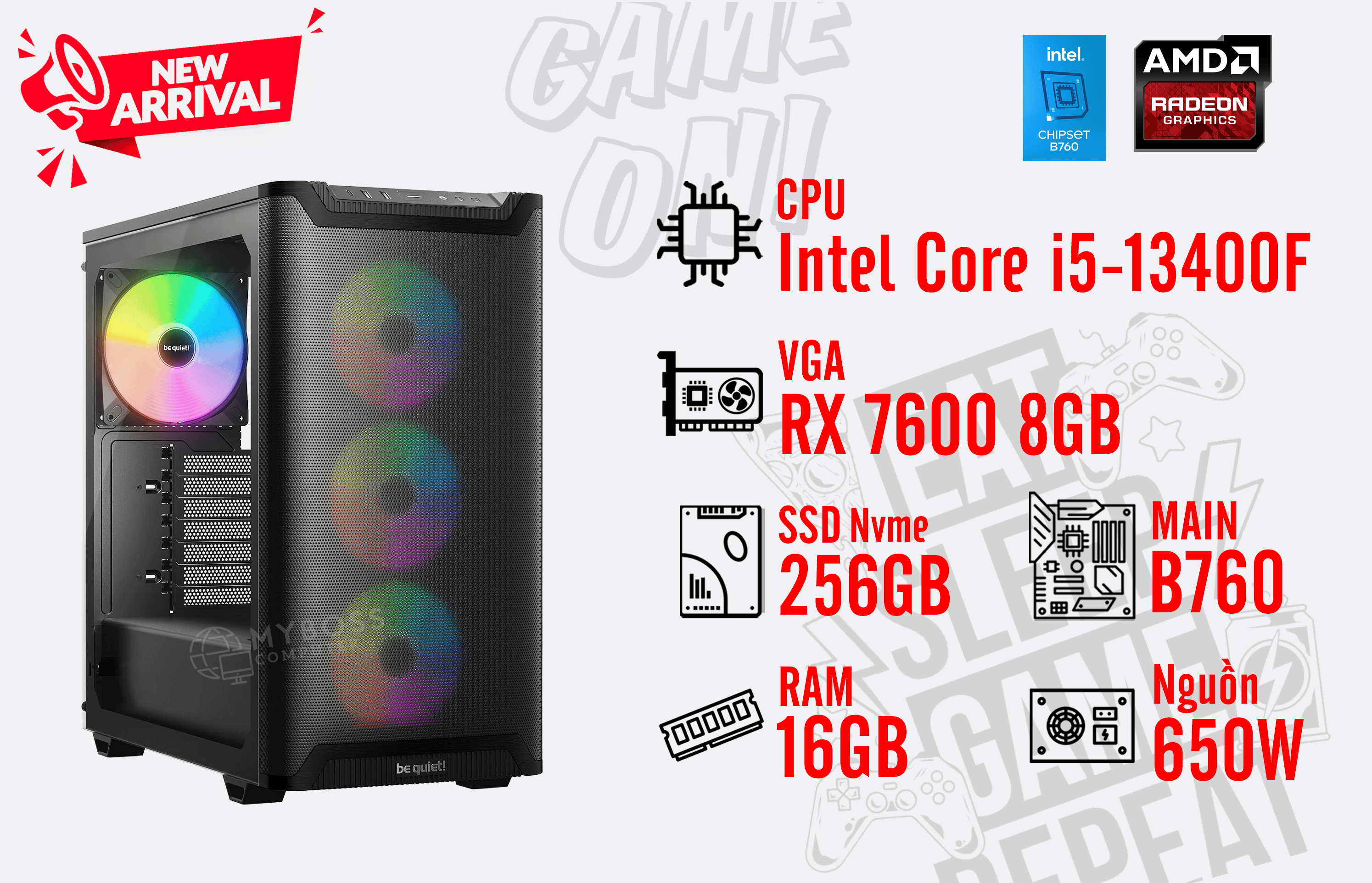 Bộ PC I5-13400F/ RAM 16G/ SSD Nvme 256G/ VGA RX 7600 8GB