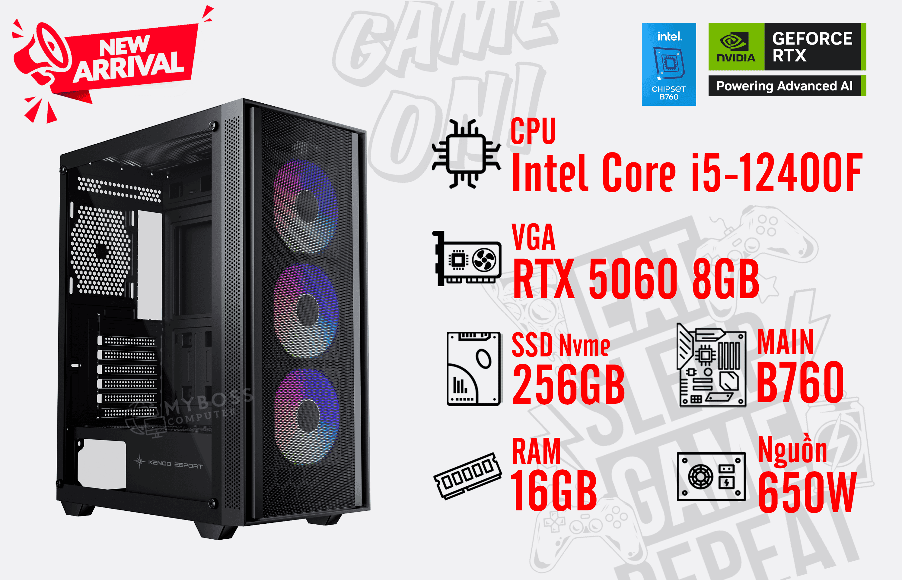 Bộ PC I5-12400F/ RAM 16GB/ SSD Nvme 256GB/ VGA RTX 5060 8GB