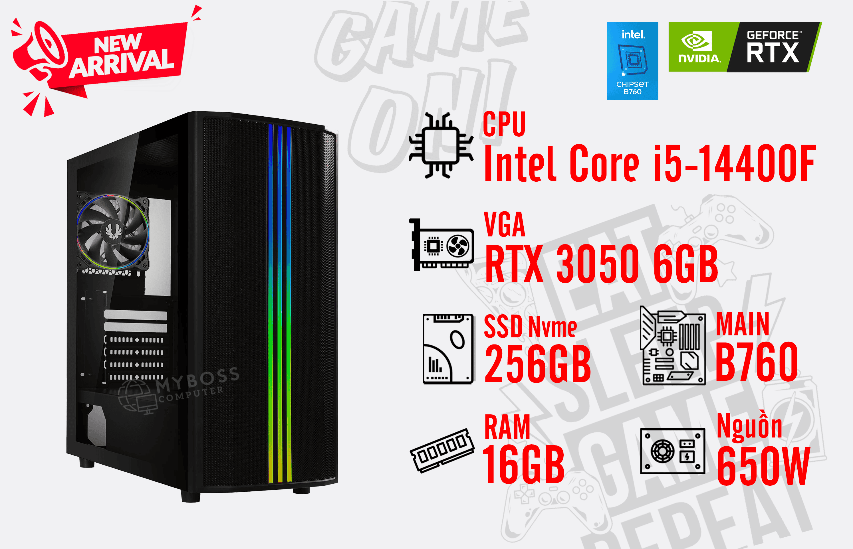 Bộ PC I5-14400F/ RAM 16G/ SSD Nvme 256G/ VGA RTX 3050 6GB