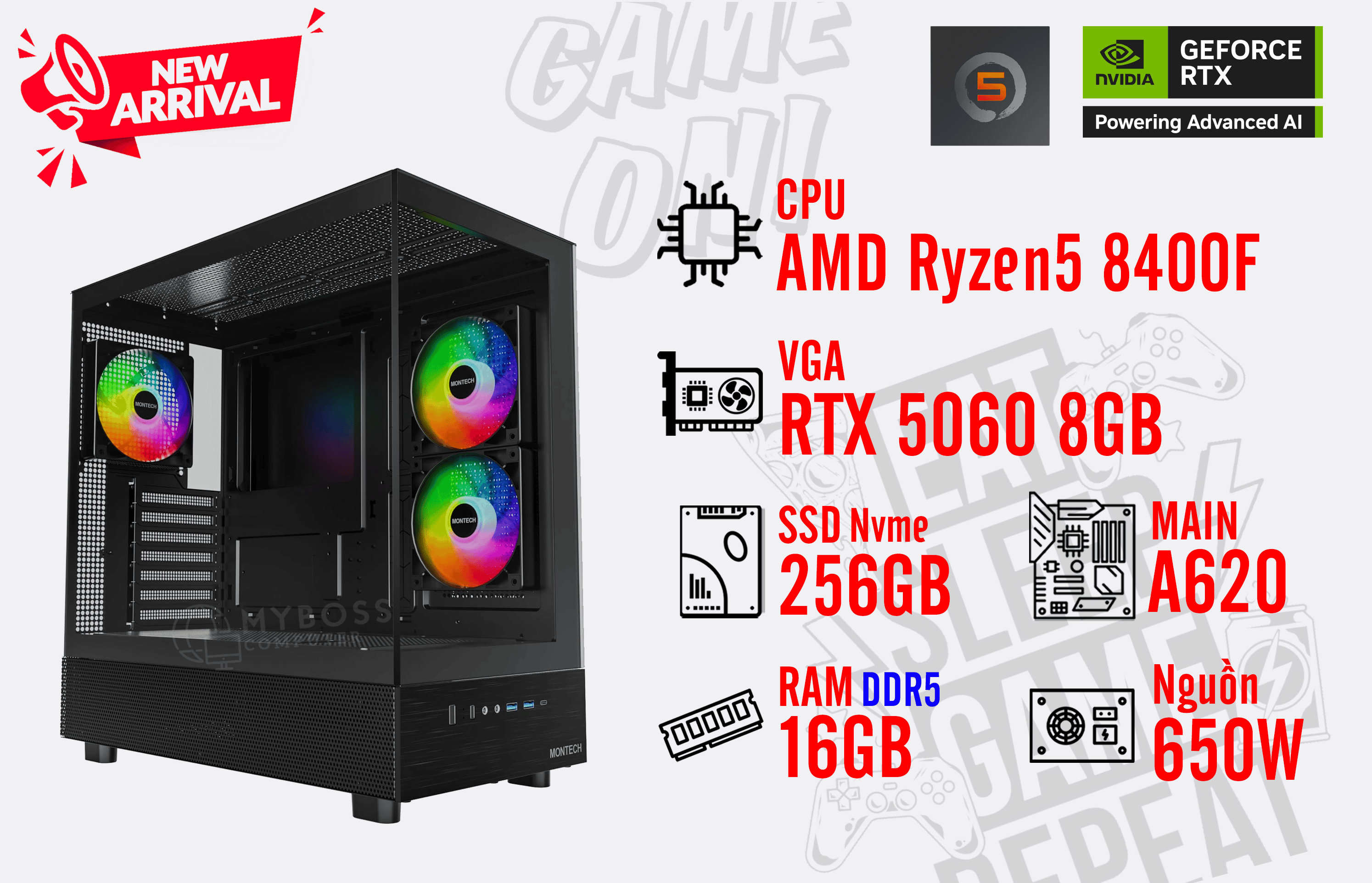Bộ PC AMD Ryzen 5 8400F/ RAM 16G DDR5/ SSD Nvme 256G/ VGA RTX 5060 8G