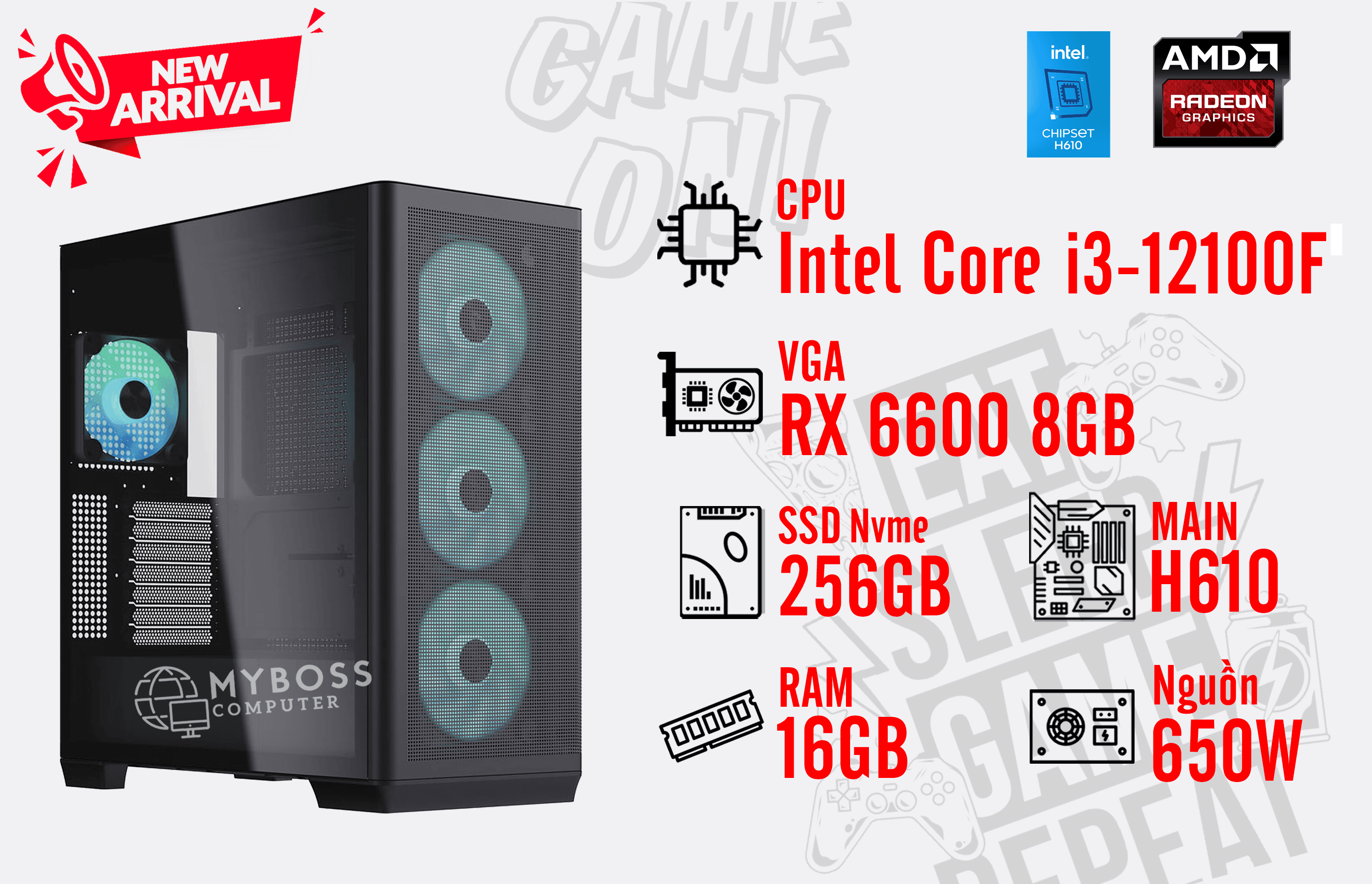 Bộ PC I3-12100F Ram 16G/ SSD Nvme 256G/ VGA RX 6600 8GB