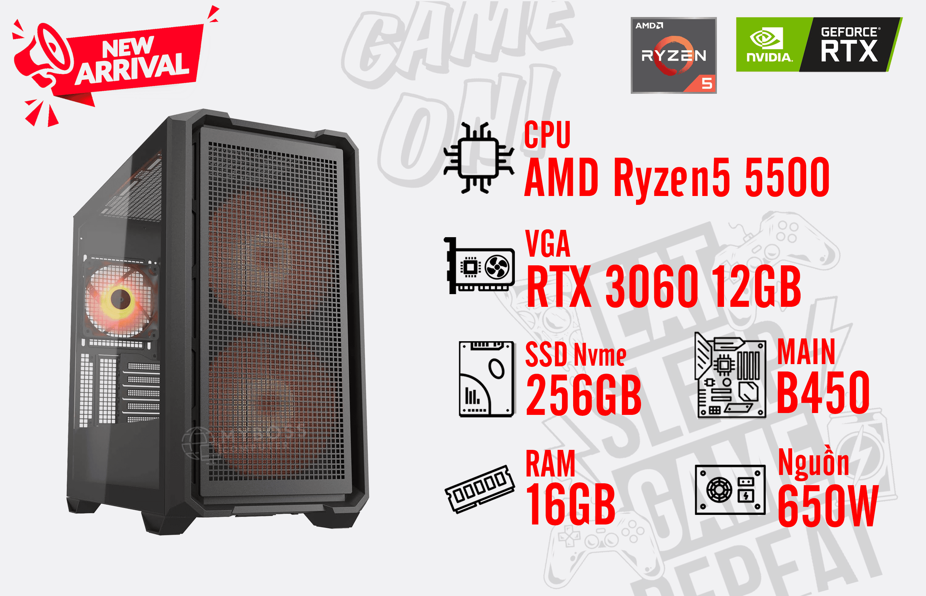 Bộ PC AMD Ryzen 5 5500/ RAM 16GB/ SSD Nvme 256GB/ VGA RTX 3060 12GB