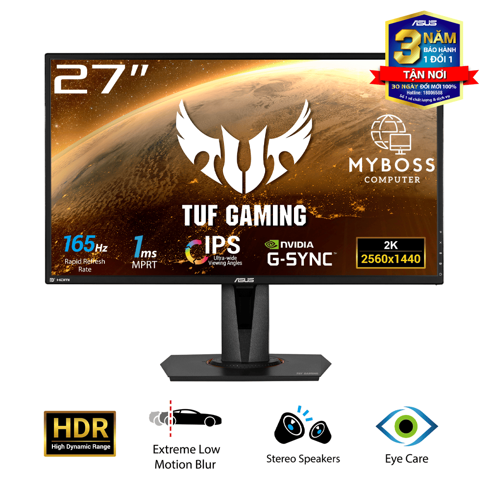 Màn hình ASUS TUF Gaming VG27AQ 27in/ 2K WQHD/ IPS/ 165Hz/ 1ms MPRT/ G-SYNC/ HDR10/ Có Loa