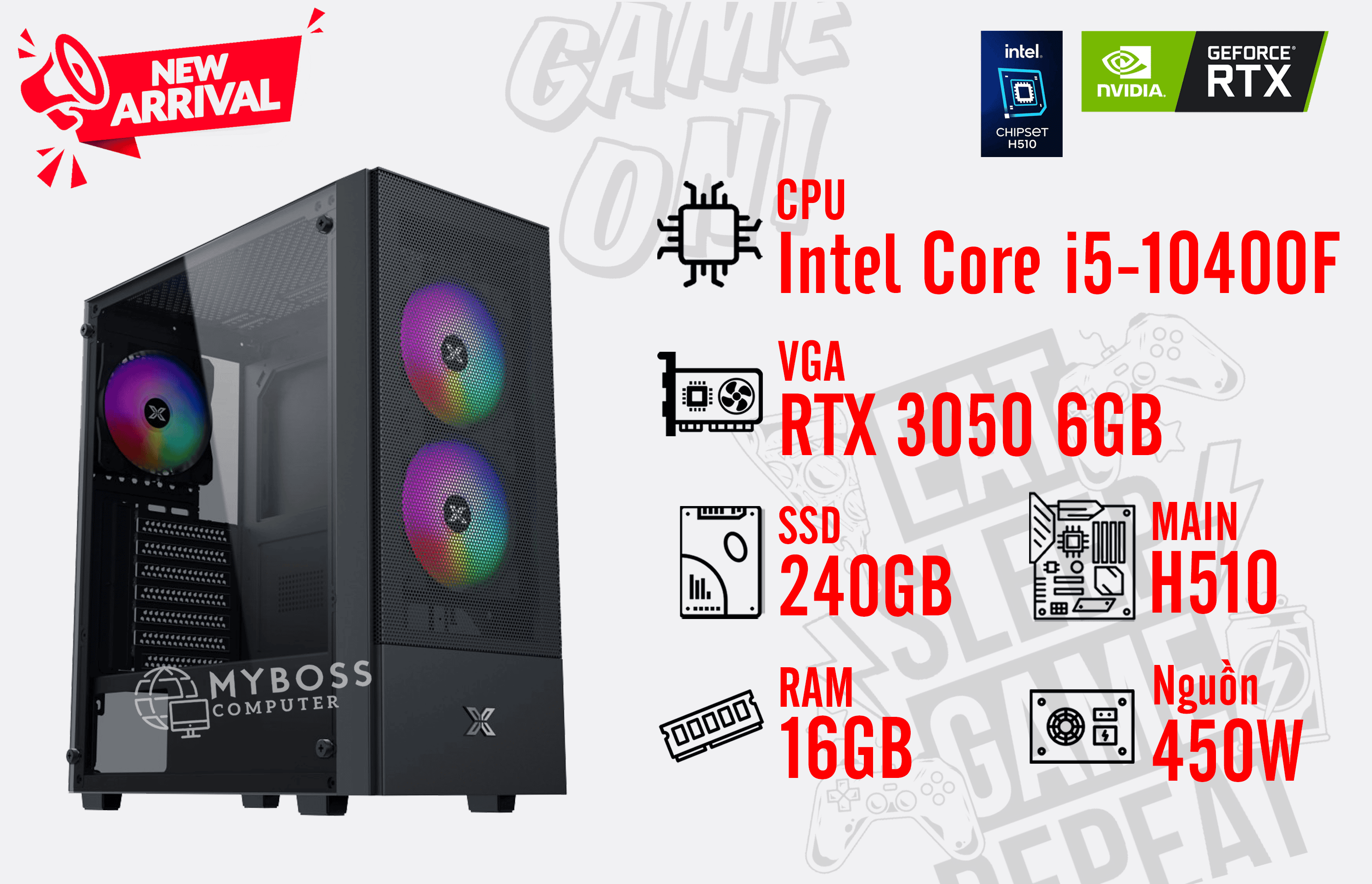 Bộ PC I5-10400F/ RAM 16G/ SSD 240G/ VGA RTX 3050 6GB