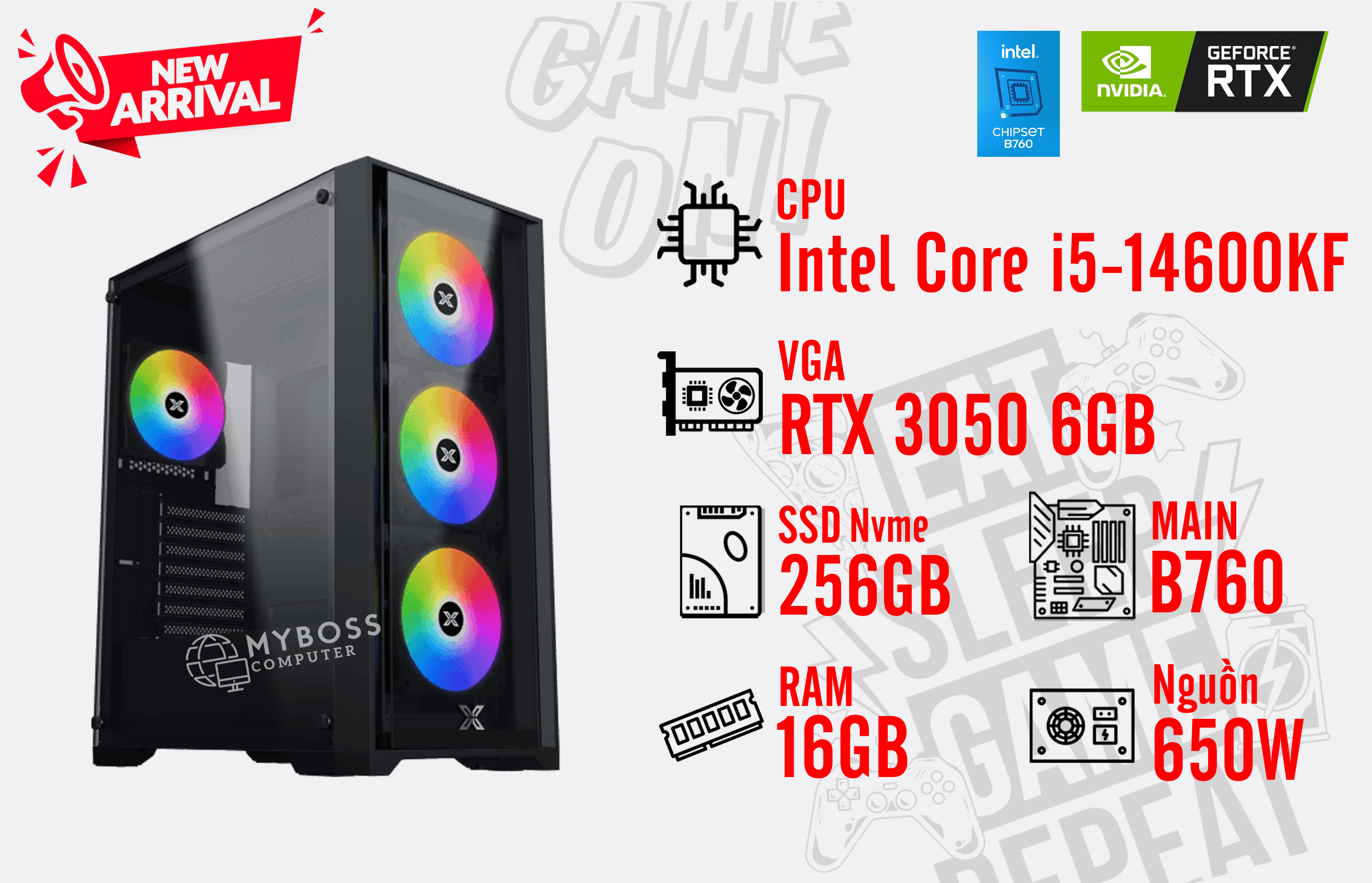 Bộ PC I5-14600KF/ RAM 16G/ SSD Nvme 256G/ VGA RTX 3050 6GB