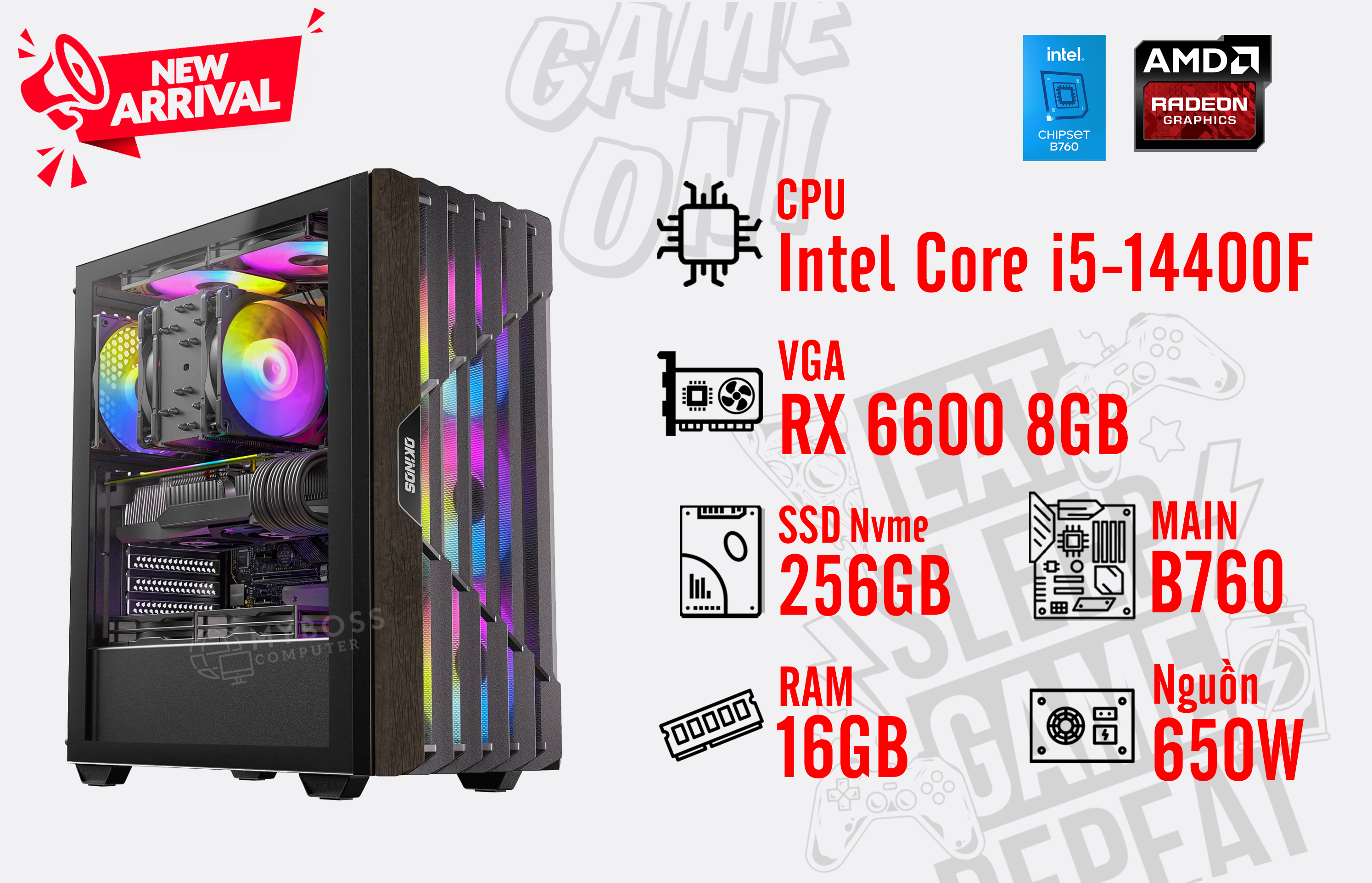 Bộ PC I5-14400F/ Ram 16G/ SSD Nvme 256G/ VGA RTX 6600 8GB